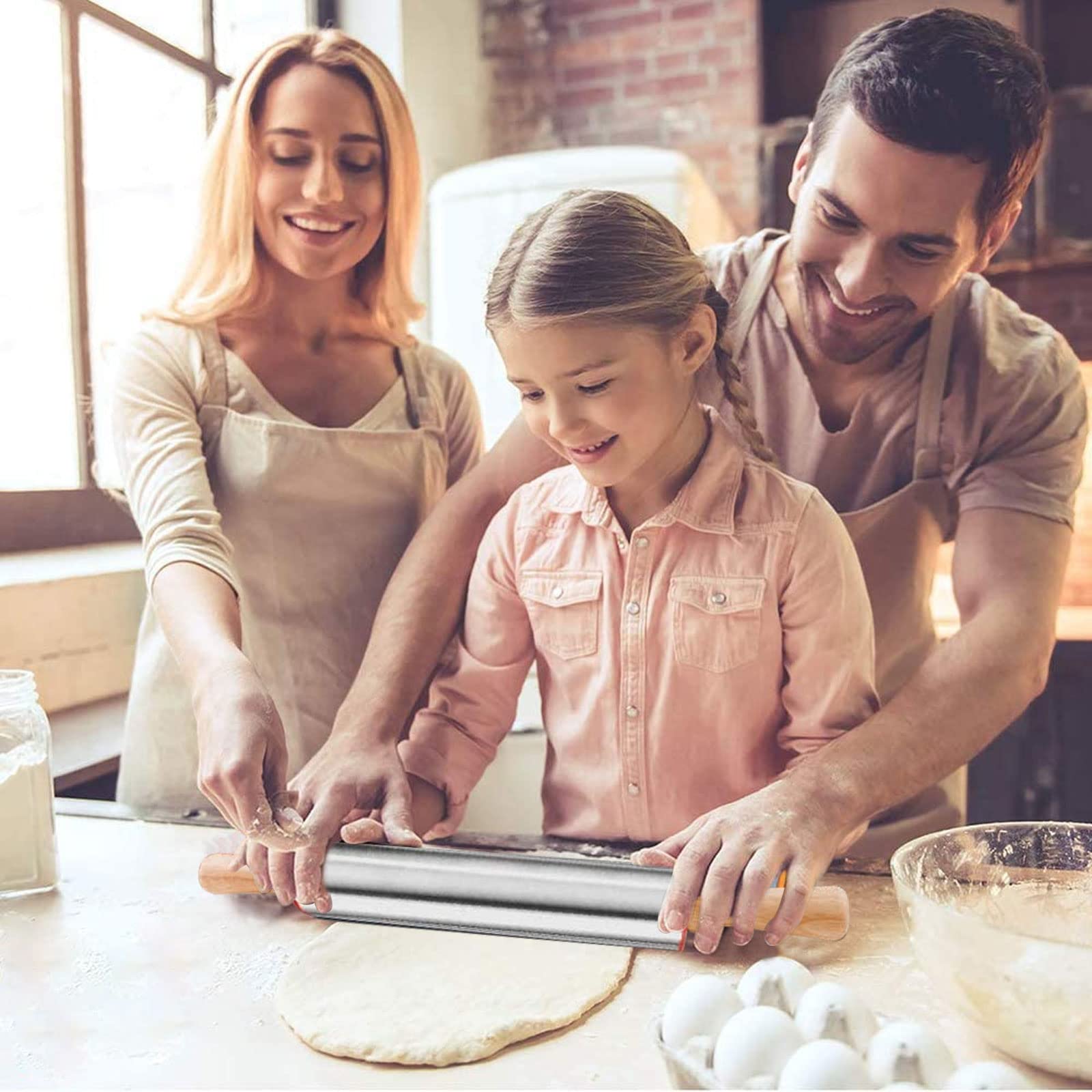 Mattarello In Acciaio Inox Antiaderente - Con Manico Legno Per Pizza, Pasta E Biscotti - Foto 3