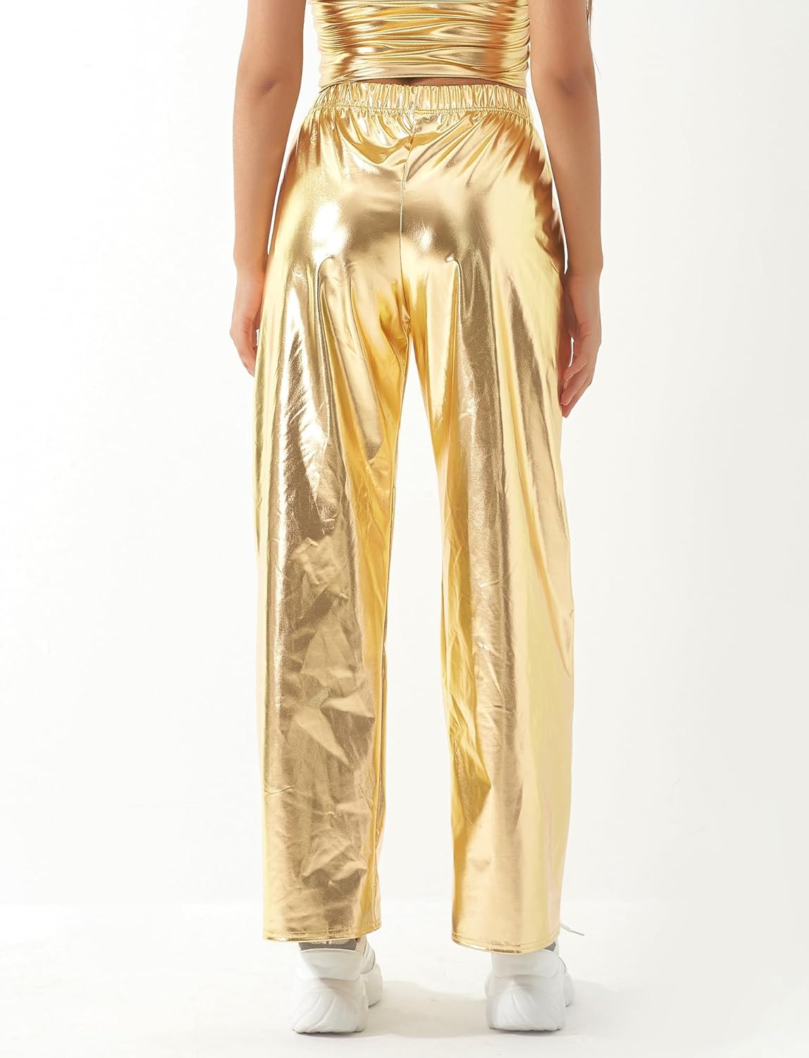 FEOYA Women's Shiny Metallic Rave Pants Elastic High Waist Wide Leg Trousers Hip Hop Disco Jogger Sweatpants Clubwear - Image 2