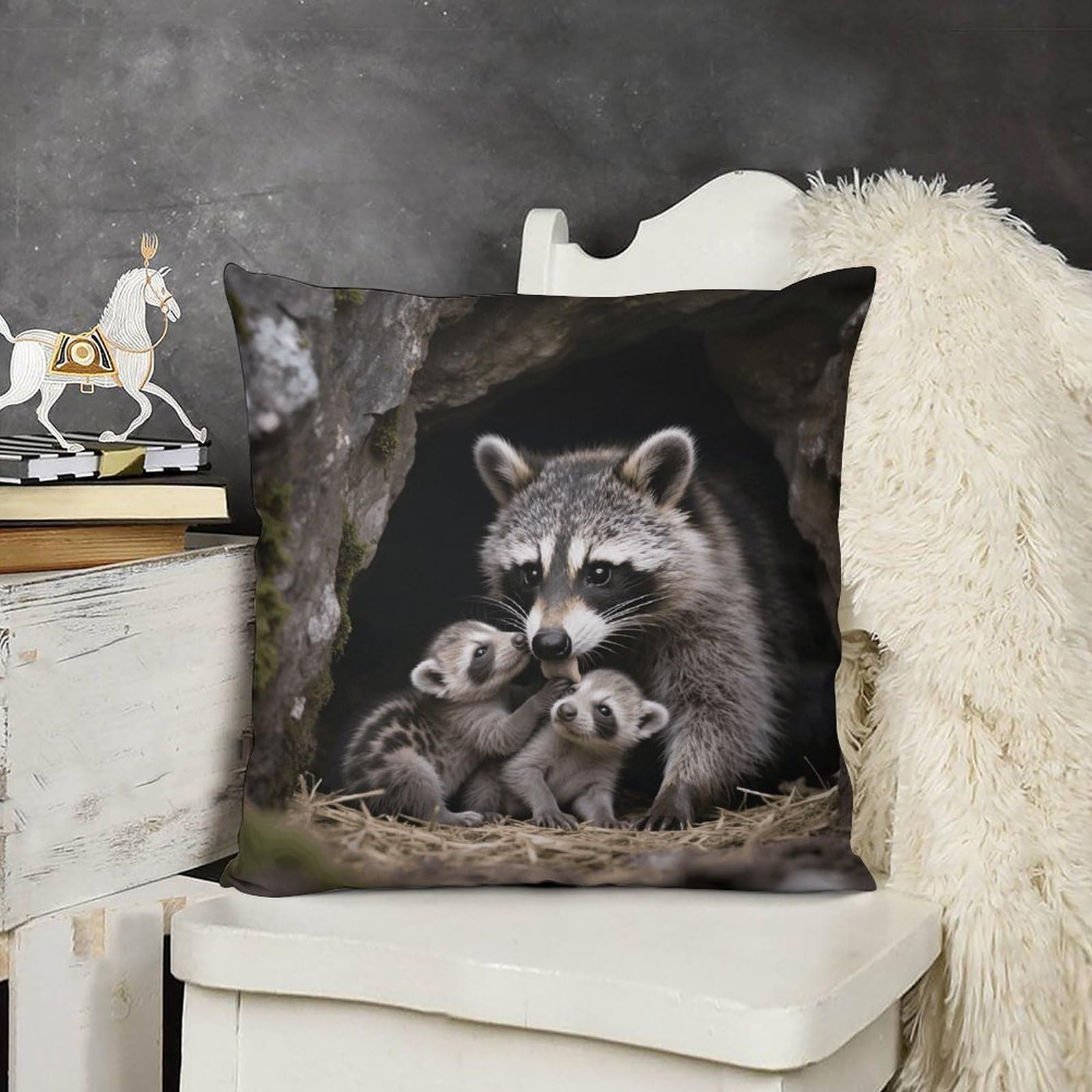 FodPand Boho Farmhouse Raccoons Pillow Covers with Hidden Zipper 22x22 Soft Plush Cushion Cover Decorative Throw Pillow Cases for Couch Bed Sofa Living Room Indoor Outdoor Home Decor