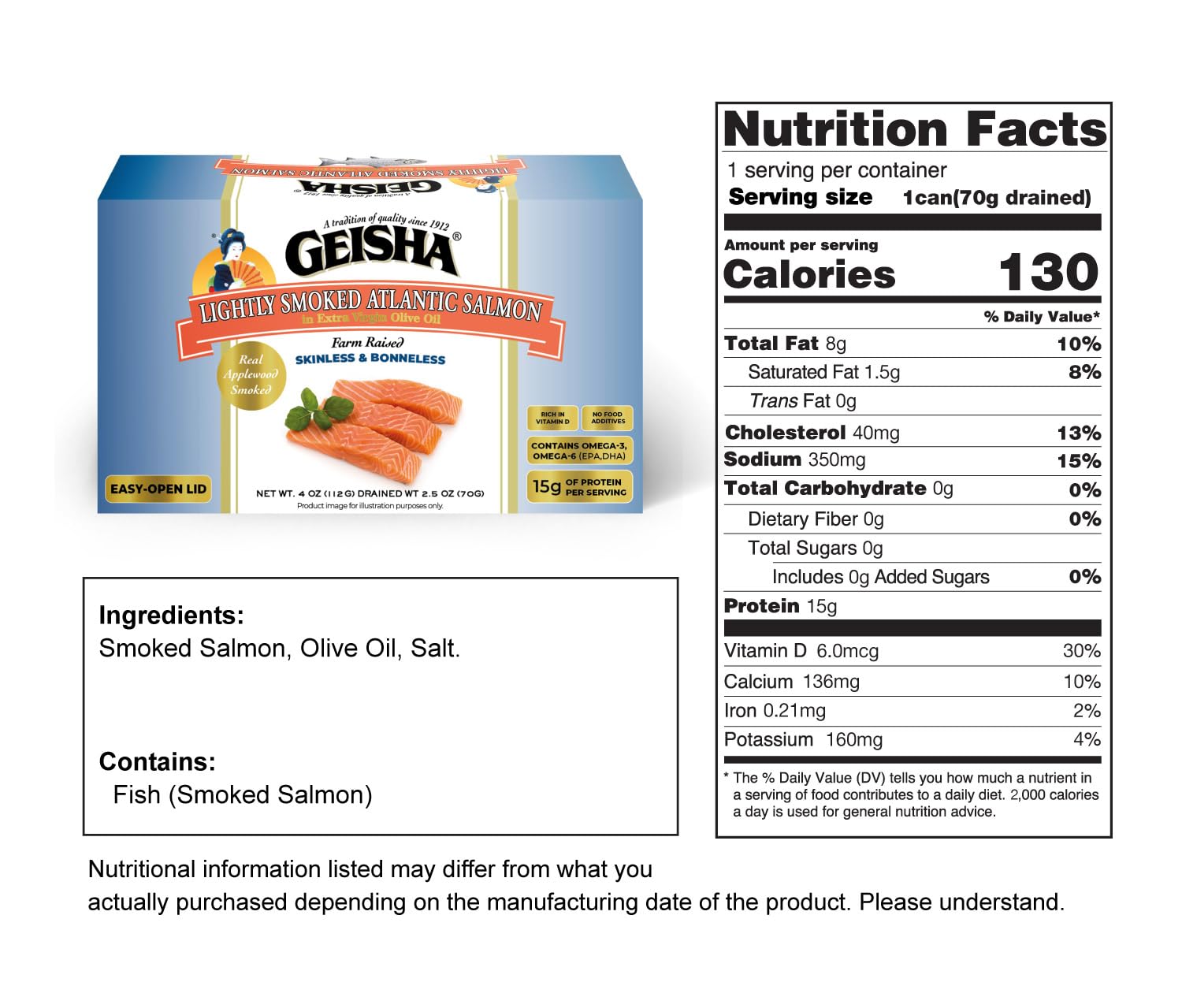 GEISHA Lightly Smoked Atlantic Salmon(Skinless & Boneless) in Extra Virgin Olive Oil 4.00 OZ. (Pack of 12), Farm Raised Chilean Atlantic Salmon | No Trans fat － NON-GMO － BPA NI－Excellent Source of Protein－Ready to Eat －Rich in Vitamin D – Extra...