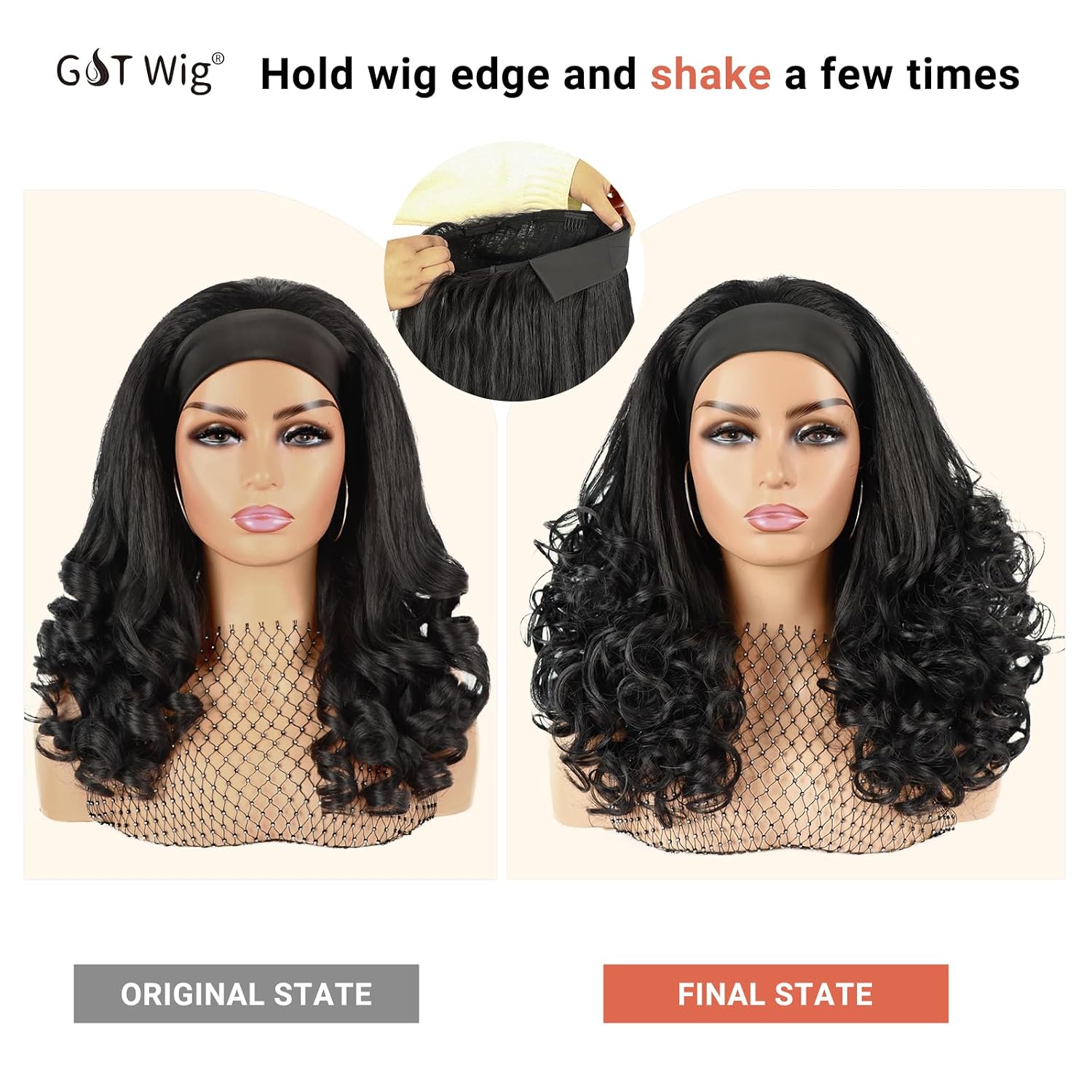 G&T Wig Yaki Curly Headband Wigs for Black Women Kinky Straight Curly Headband Wigs Synthetic Wear and Go Glueless Half Wig for Daily Use (Black, 20inch)