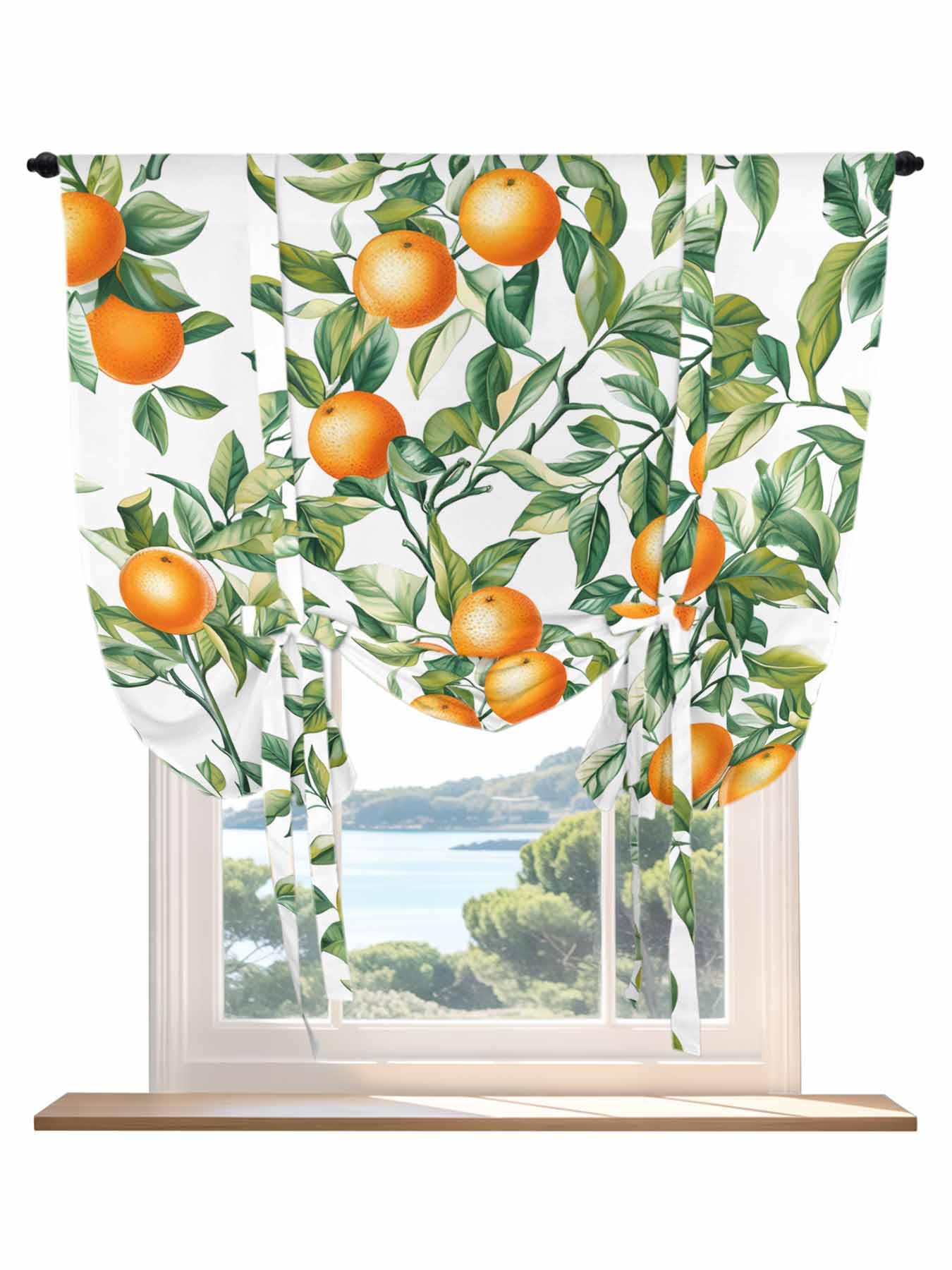 Tie Up Curtains for Windows Green Leaves Orange Roman Shade 42 x 63 Inch Bathroom Curtains Window Summer Farmhouse Botanical Rod Pocket Short Balloon Curtains for Living Room Kitchen Small Blinds