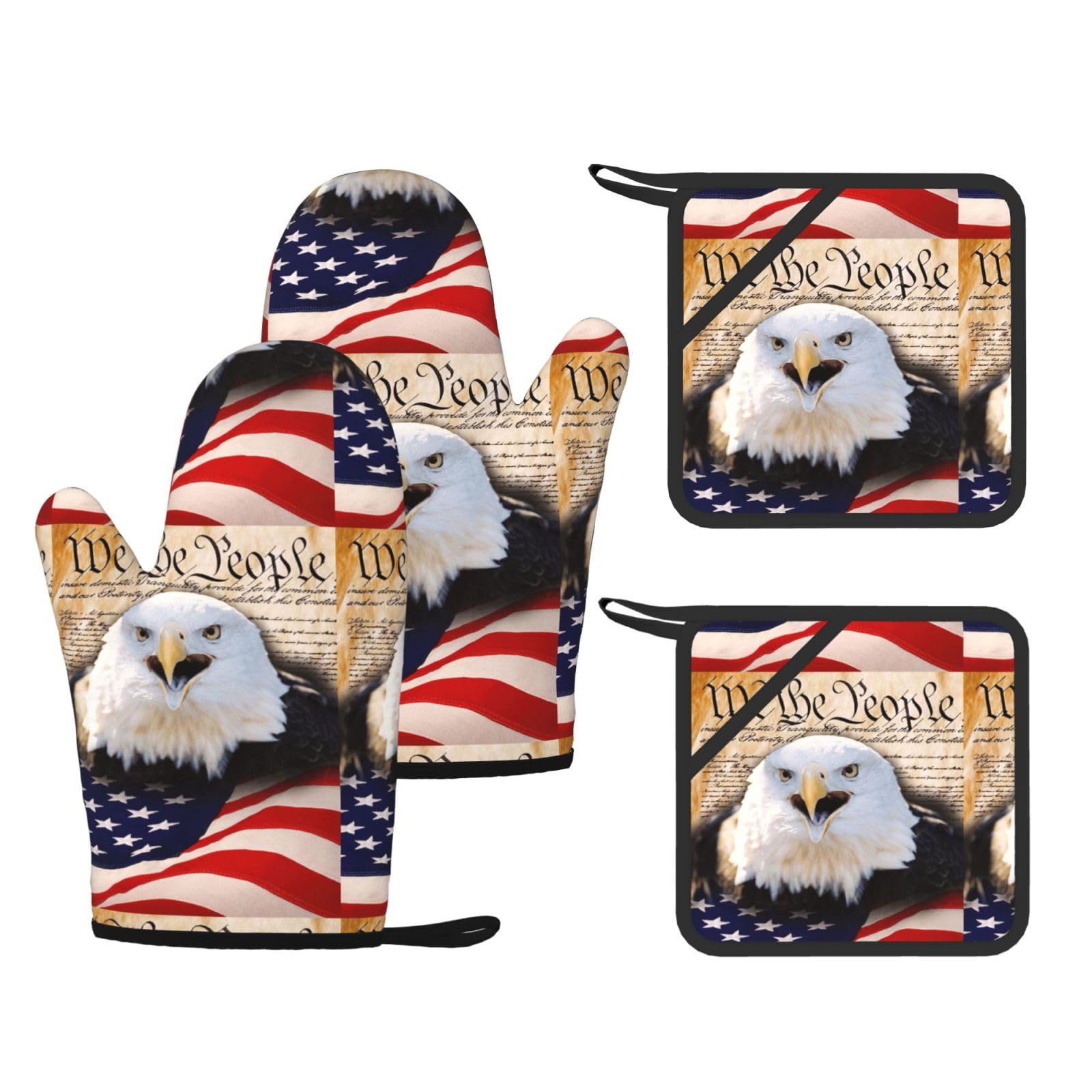 Patriotic Bald Eagle with American Flag Fashion Printed Kitchen Kit with Heat Resistant Oven Mitts & Non-Slip Hot Pads for Baking