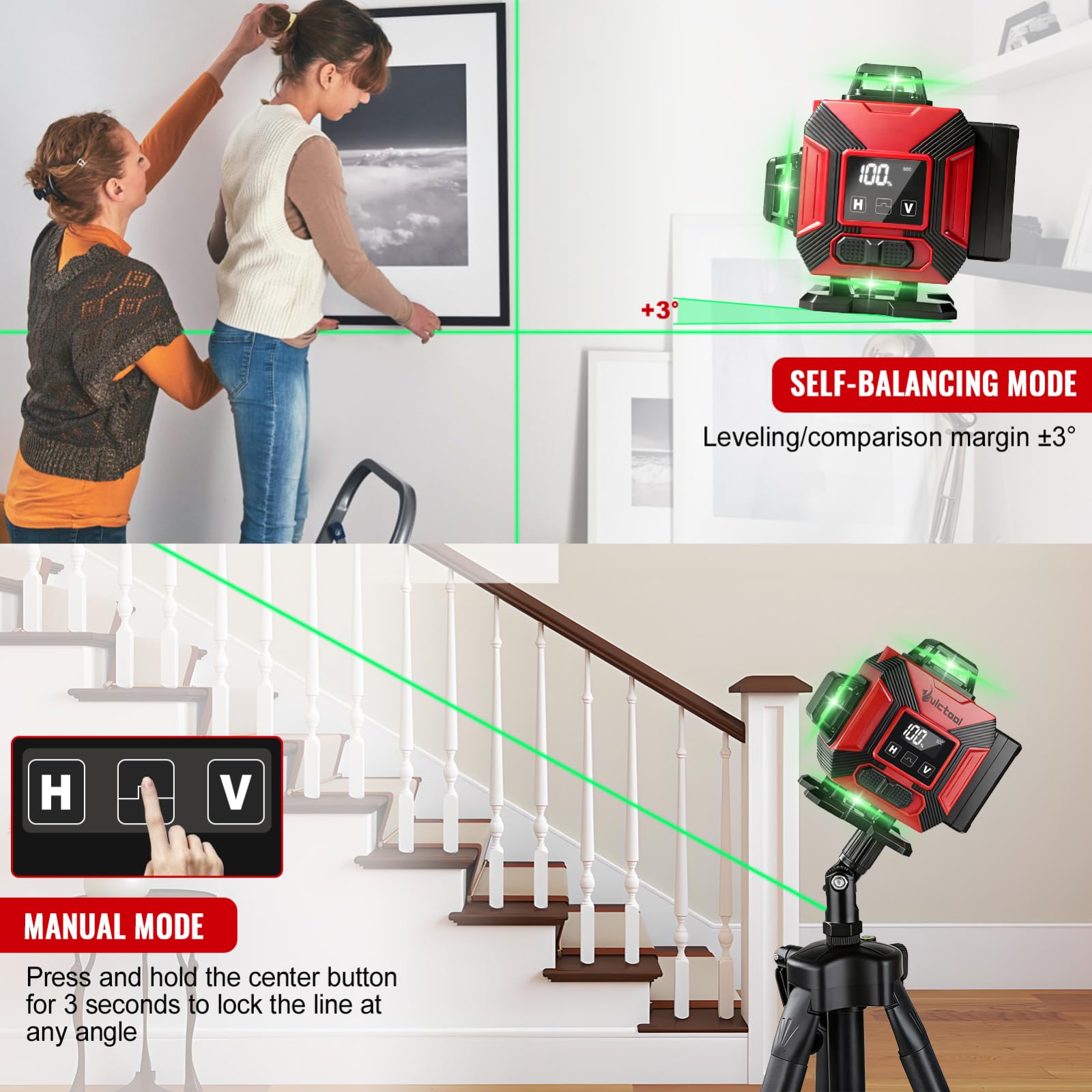 VOBOR Nivel Laser Autonivelante 360 Grados, 16 líneas 4D, 2x 4800 mAh Batería, Pantalla LED, APP et Télécommande, Multitud de Accesorios, Láser Nivel para Azulejos y Paredes