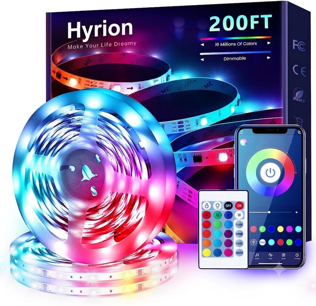 Tira de luces LED hyrion de 200 pies, tira de luces LED de sincronización de música para dormitorio, luces LED Bluetooth que cambian de color RGB con control remoto, control inteligente de aplicaciones | Disfrute de una iluminación que cambia de color con sincronización de música, modos de escena de bricolaje y aplicación inteligente o control remoto para decoración de interiores.