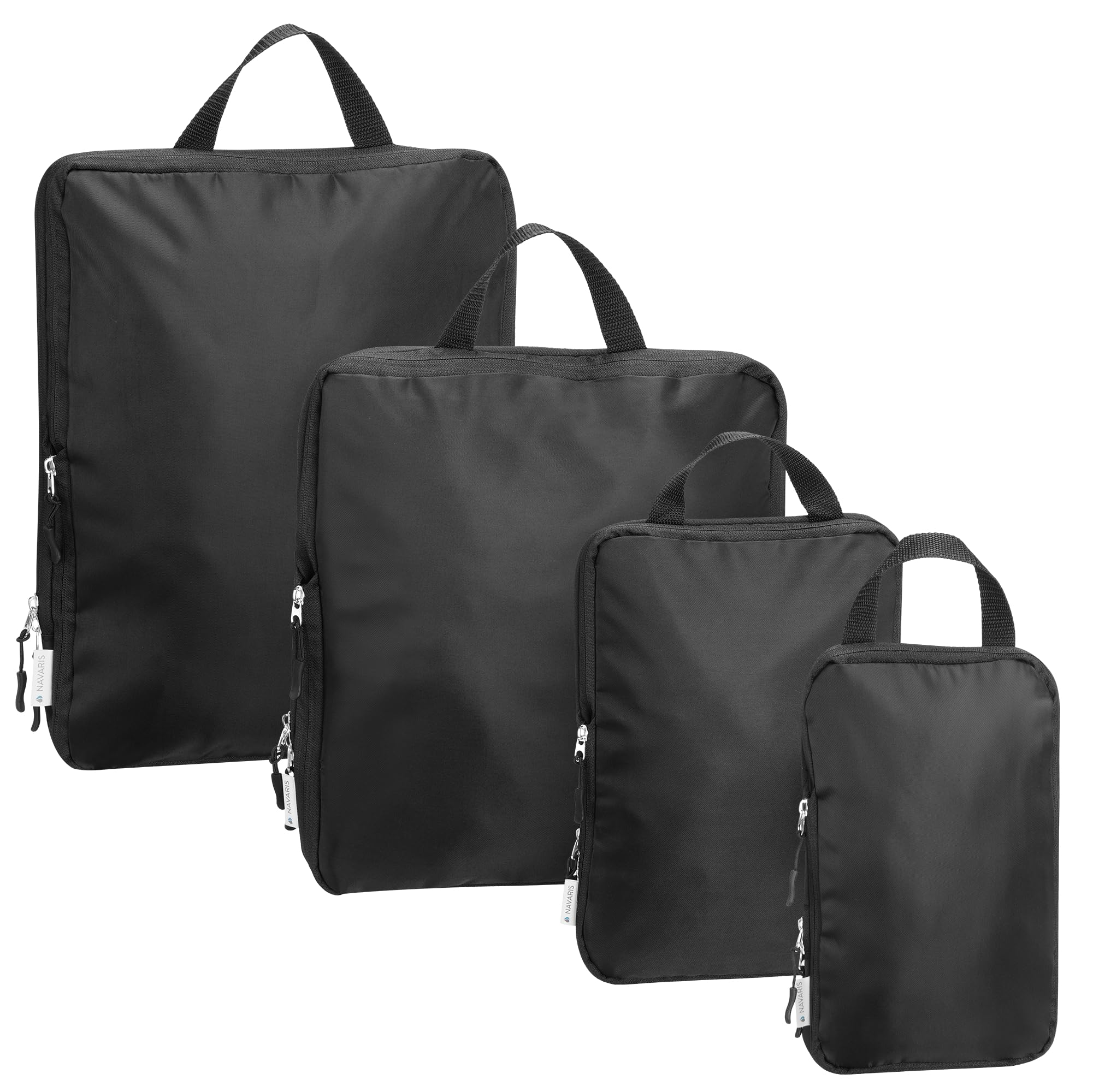 Navaris Compression Packing Cubes Set w 4 Sizes - Compressible Travel Bags for Suitcases - Compress Travel Organiser Packing Pods - Suitcase Cabin Bag Hand Luggage Backpack - Black