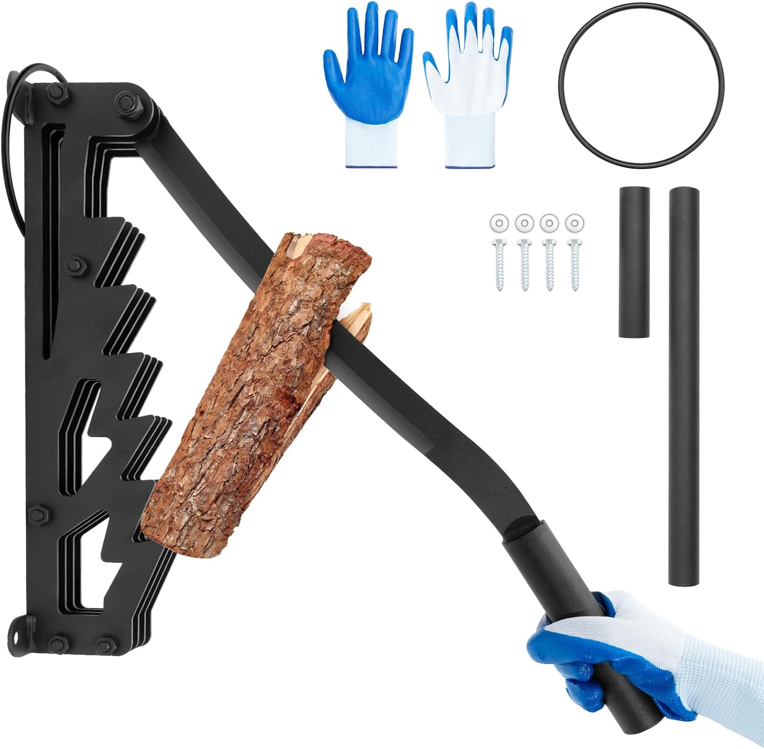 Wall Mounted Log Splitter for Firewood, Manual Kindling Splitter with Long & Short Handles Gloves, Heavy-Duty Carbon Steel Firewood Splitter for Indoor Fireplace, Campfire & Outdoor Use