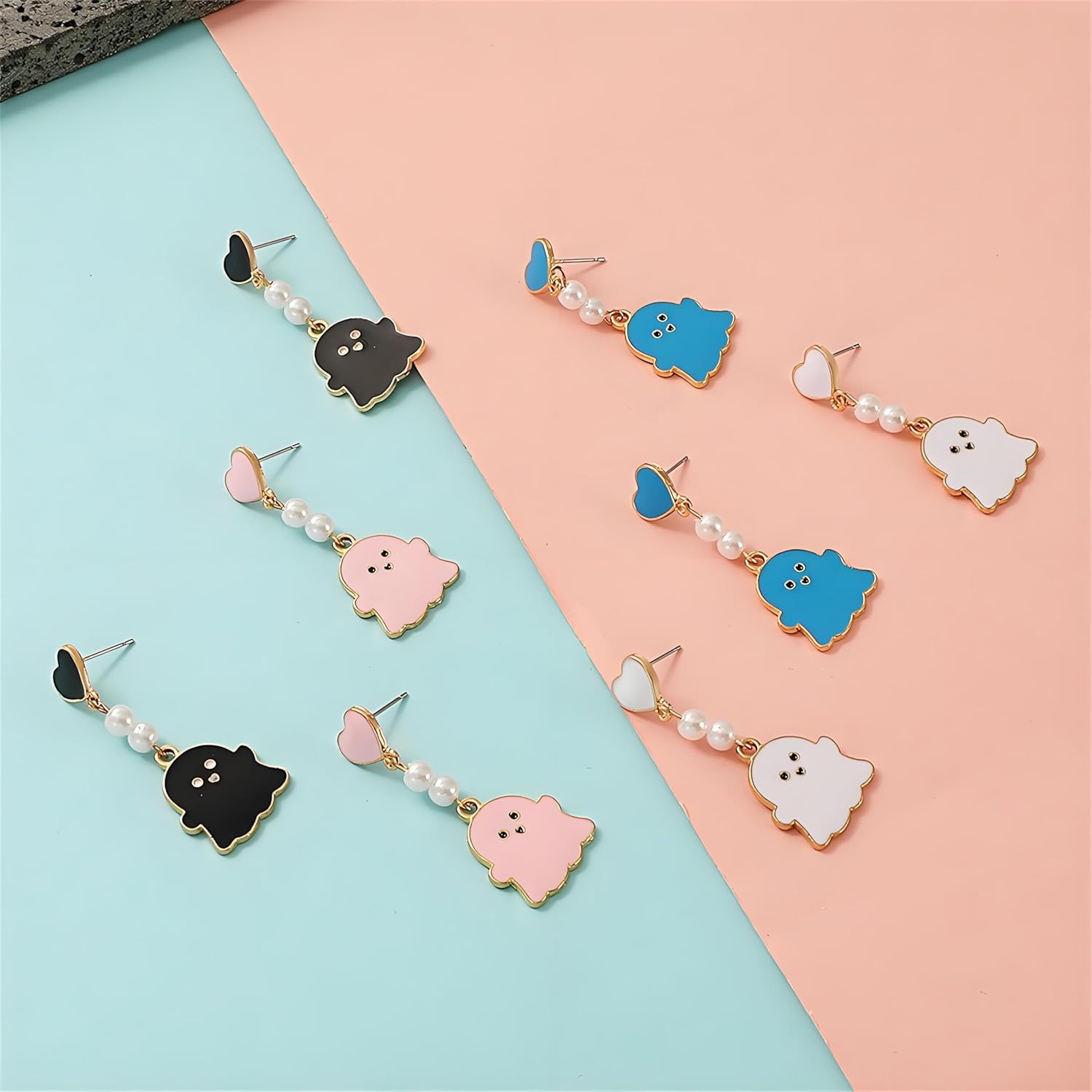 ONLYJUMP Ghost Earrings Necklace Sets for Women Cute Funny Heart Pearl White Ghost Earrings Creative Halloween Costume Accessories Gifts - Image 7