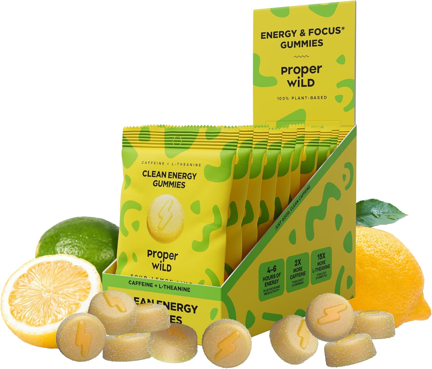 Proper Wild Vegan Energy Gummies with L-Theanine & Organic Caffeine, Clean Energy & Focus, Plant-Based Energy, Gluten-Free, Non-GMO, Dairy-Free, Stevia-Free, Soy-Free, Sour Lemon Lime (10-Pack)
