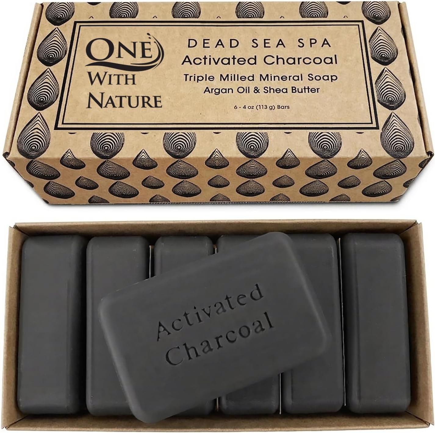 One With Nature Activated Charcoal Soap 4oz 6-Pack Gift Box โ Detoxifying and Exfoliating Charcoal Soap Bar with Dead Sea Salt for Face & Body, for Men & Women