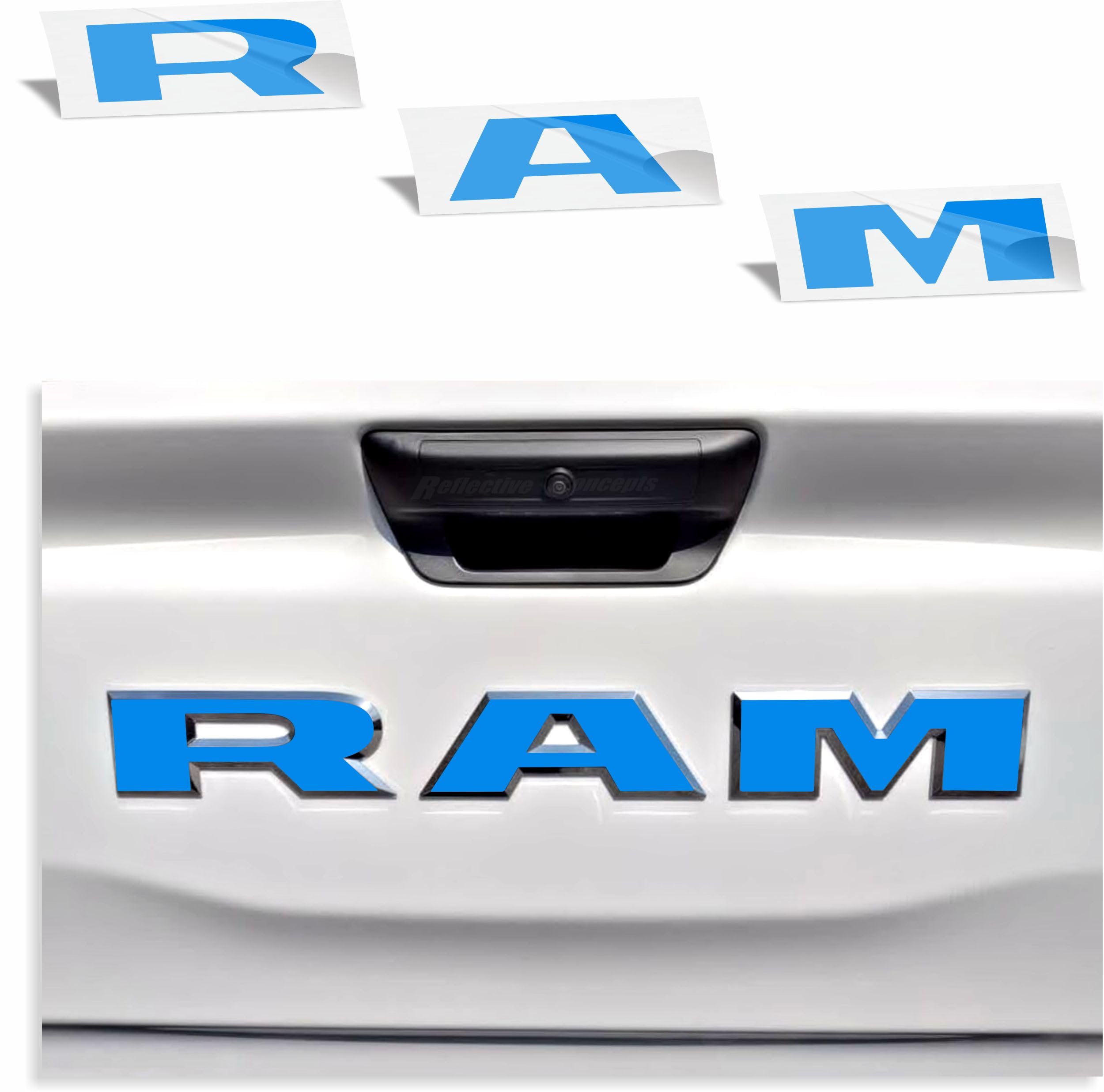 RAM Tailgate Emblem Overlay Decal Stickers 2025-2026 Ram 1500 (Color: Reflective Medium Blue)