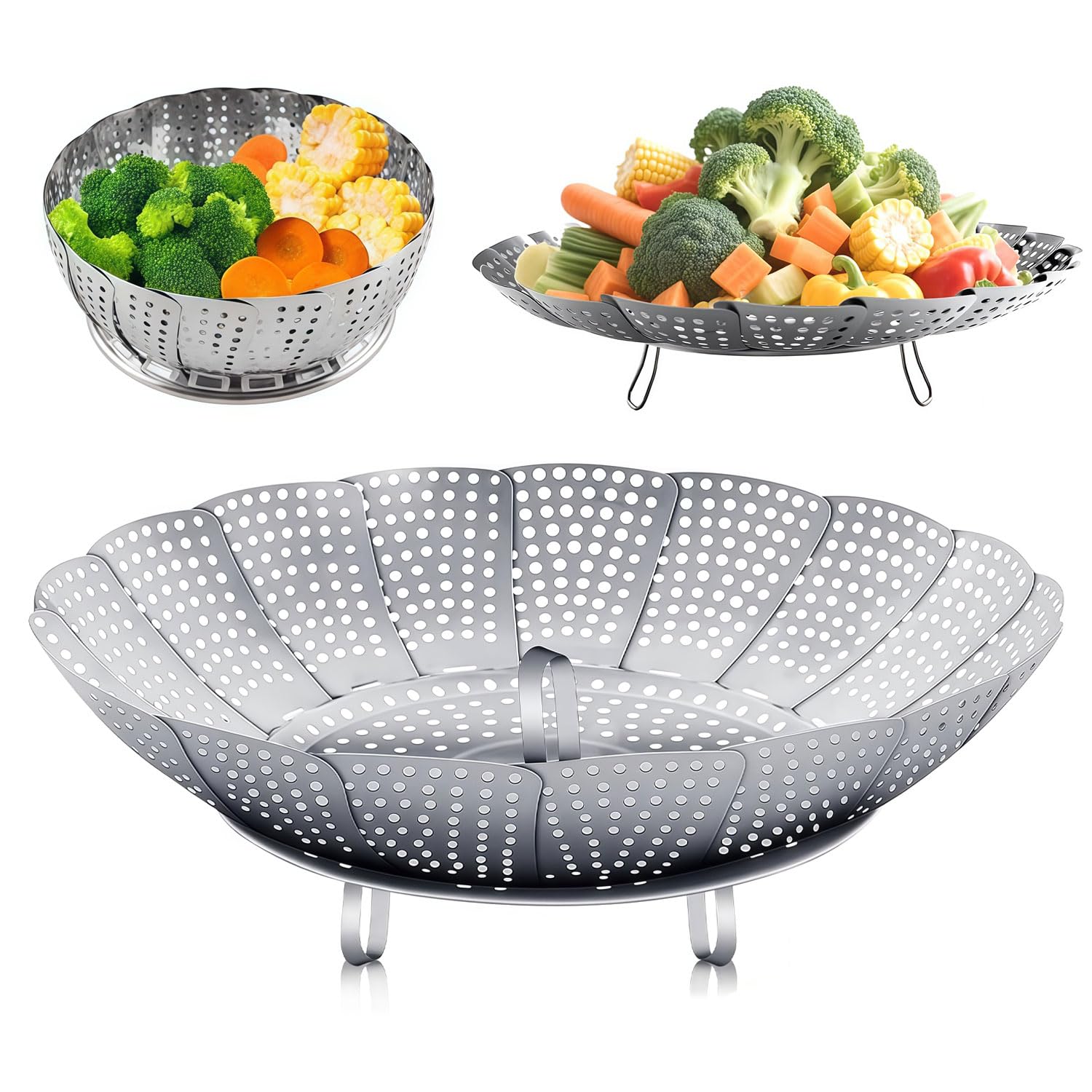 Cesta Vaporera Plegable de Acero Inoxidable, Inserto de Vapor Ajustable para Ollas, Extensible para Cocinar Pescados, Mariscos y Verduras - Ideal para Vaporizar en Casa