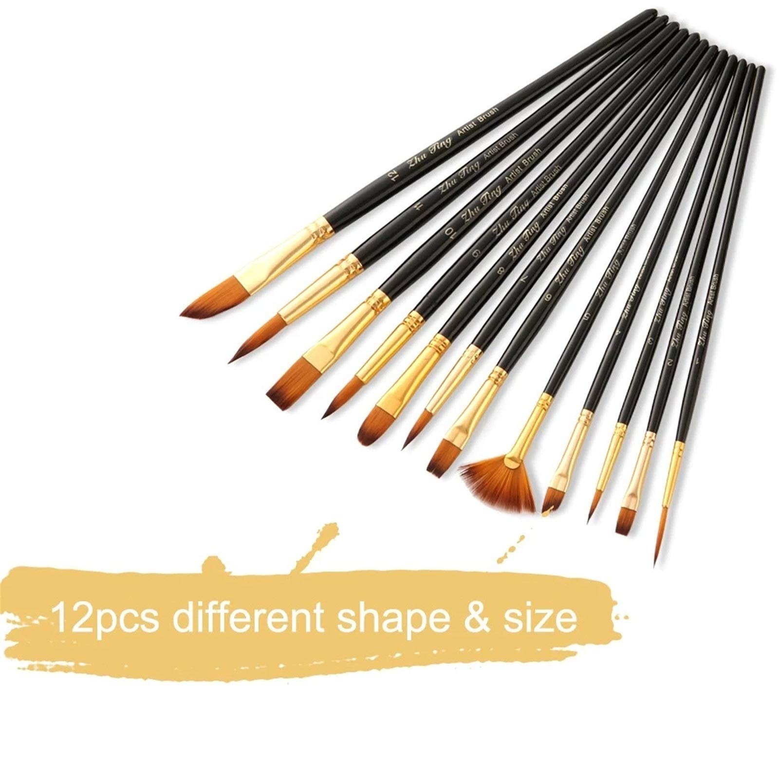 XBTGS Juego de 12 pinceles de pintura de artista, acuarelas acrílicas para acuarelas acrílicas al óleo, acuarela, negro, talla única, color negro