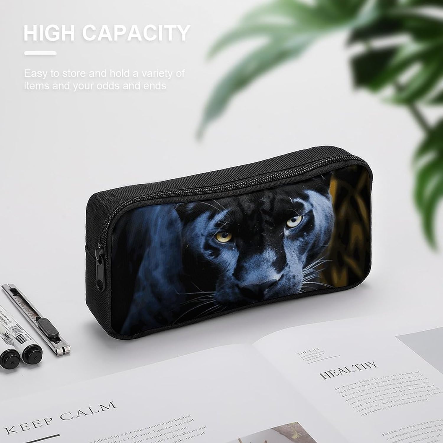 Lightweight Blue Eye Panther Pencil Pouch with Metal Zipper image 4