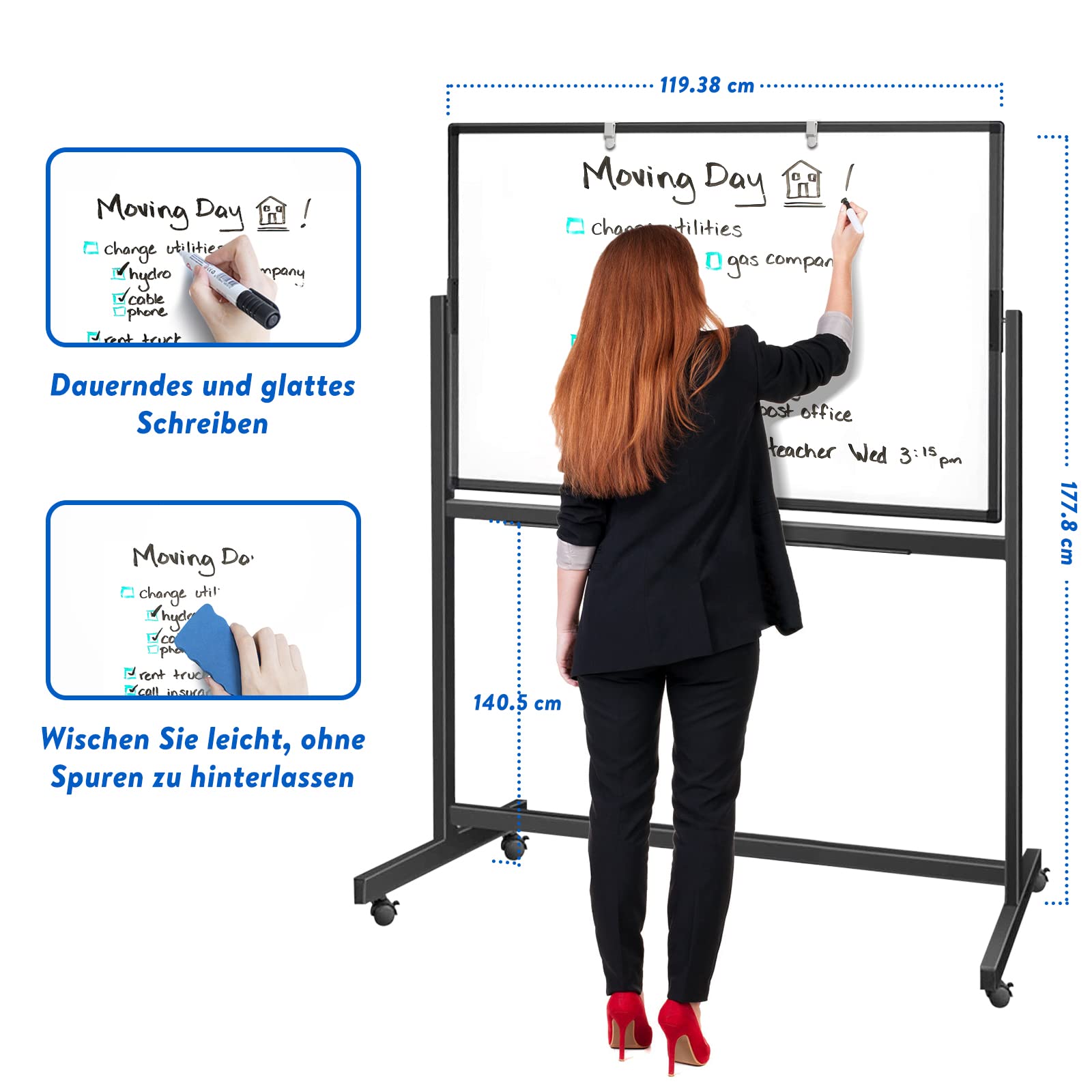 maxtek Lavagna Bianca Mobile con Supporto 120 x 80 cm, Lavagna Cancellabile Superficie Magnetica su Entrambi i Lati, con Telaio in Alluminio, Accessori per Aule, Home Office