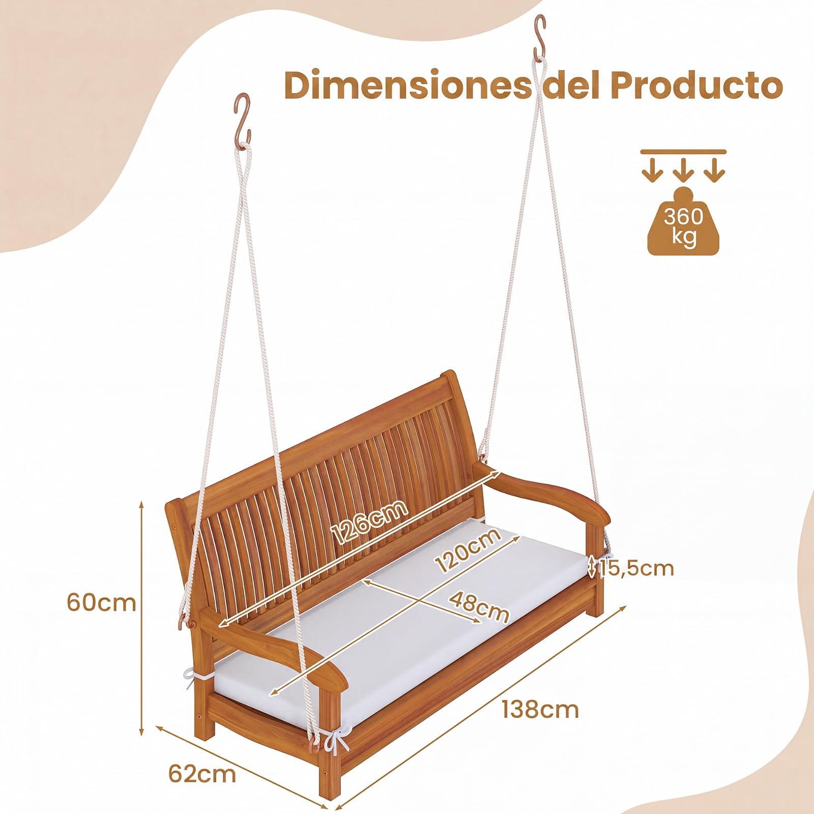 COSTWAY Banco Columpio de Jardín de 2 Plazas, Banco Colgante de Madera de Acacia con Cojín, Ganchos en S, Asiento de Listones, Respaldo y Reposabrazos, Silla Colgante para Exterior Patio, Carga 360 kg