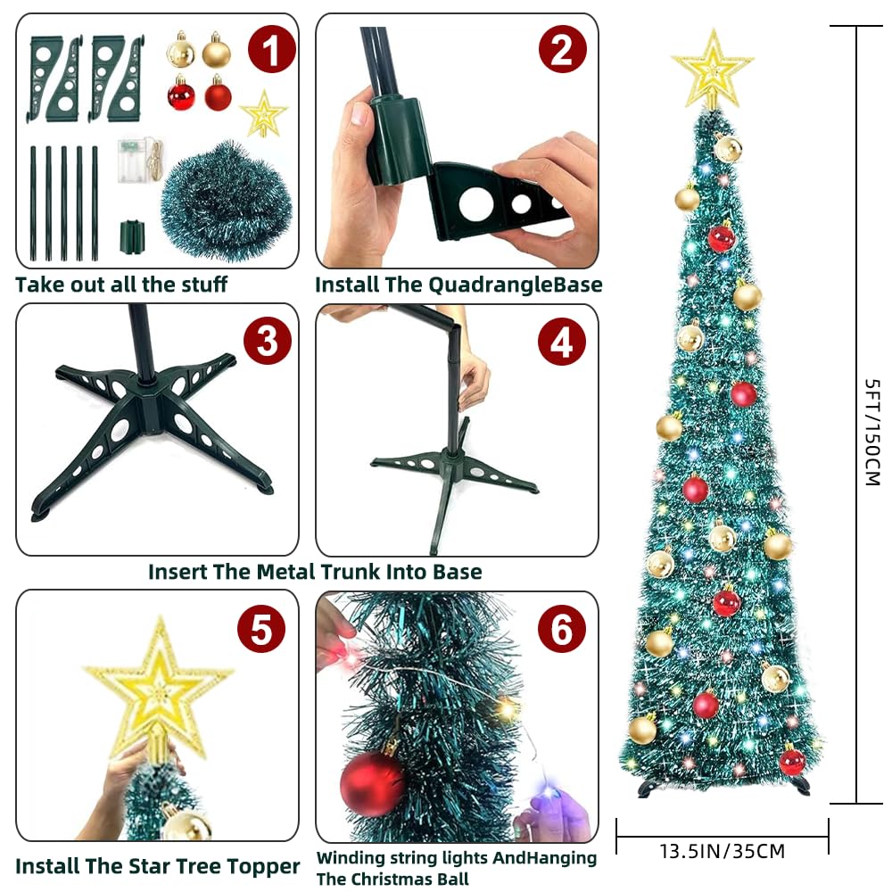 HIIXHC Albero Di Natale Artificiale Con Luci LED Colorate, 1,5 Metri, Pieghevole E Pop-up, Inclusi Palline E Decorazioni, Perfetto Per Casa, Camino E Feste A Tema (Rosa)