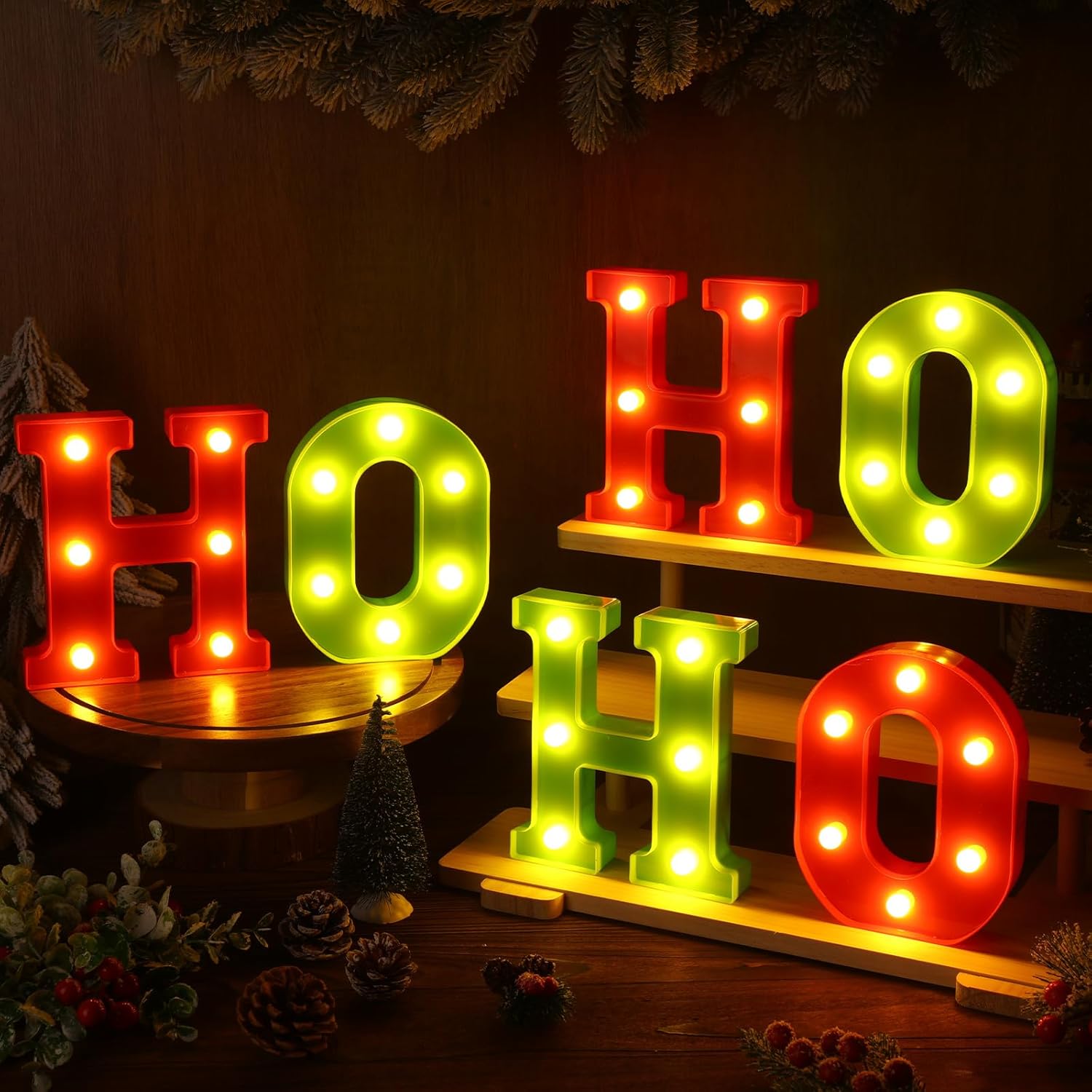 6 Pcs Lighted Christmas Ho Ho Centerpiece Decoration LED Letter Lights Sign Xmas Centerpiece Table Decor Christmas Tabletop for Bedroom Home Room Party Indoor Decor(Red,Fluorescent Green,6.3 inch)