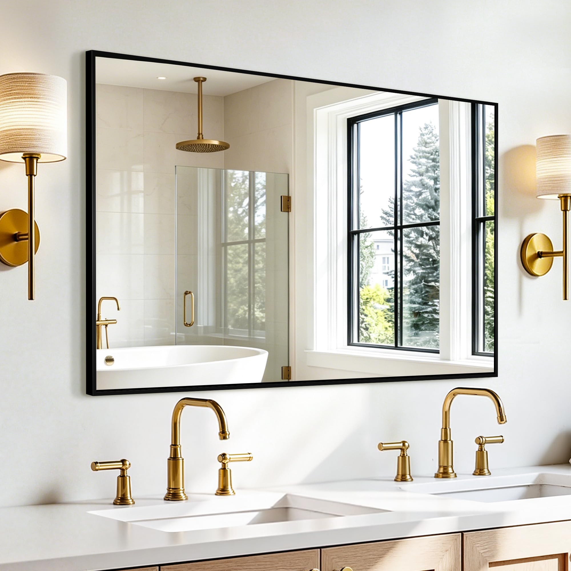 Photo 1 of AMOISE Rectangular Bathroom Mirror, 48"x30" Black Metal Framed