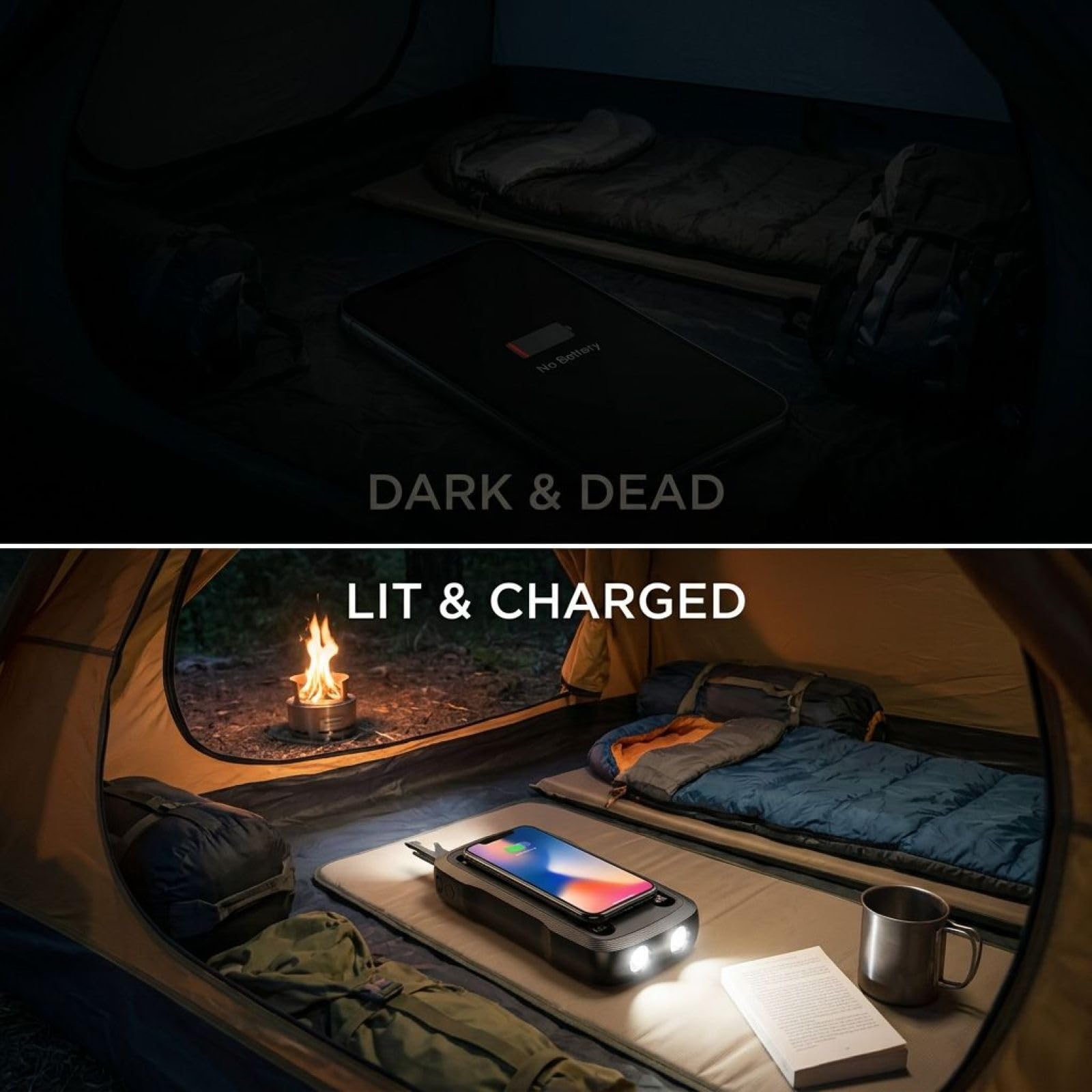 Power bank da 10000 mAh, caricatore portatile con ricarica wireless, doppia torcia a LED, accendifuoco esterno, design sottile, guscio in ABS di lunga durata, ideale per campeggio e uso di emergenza