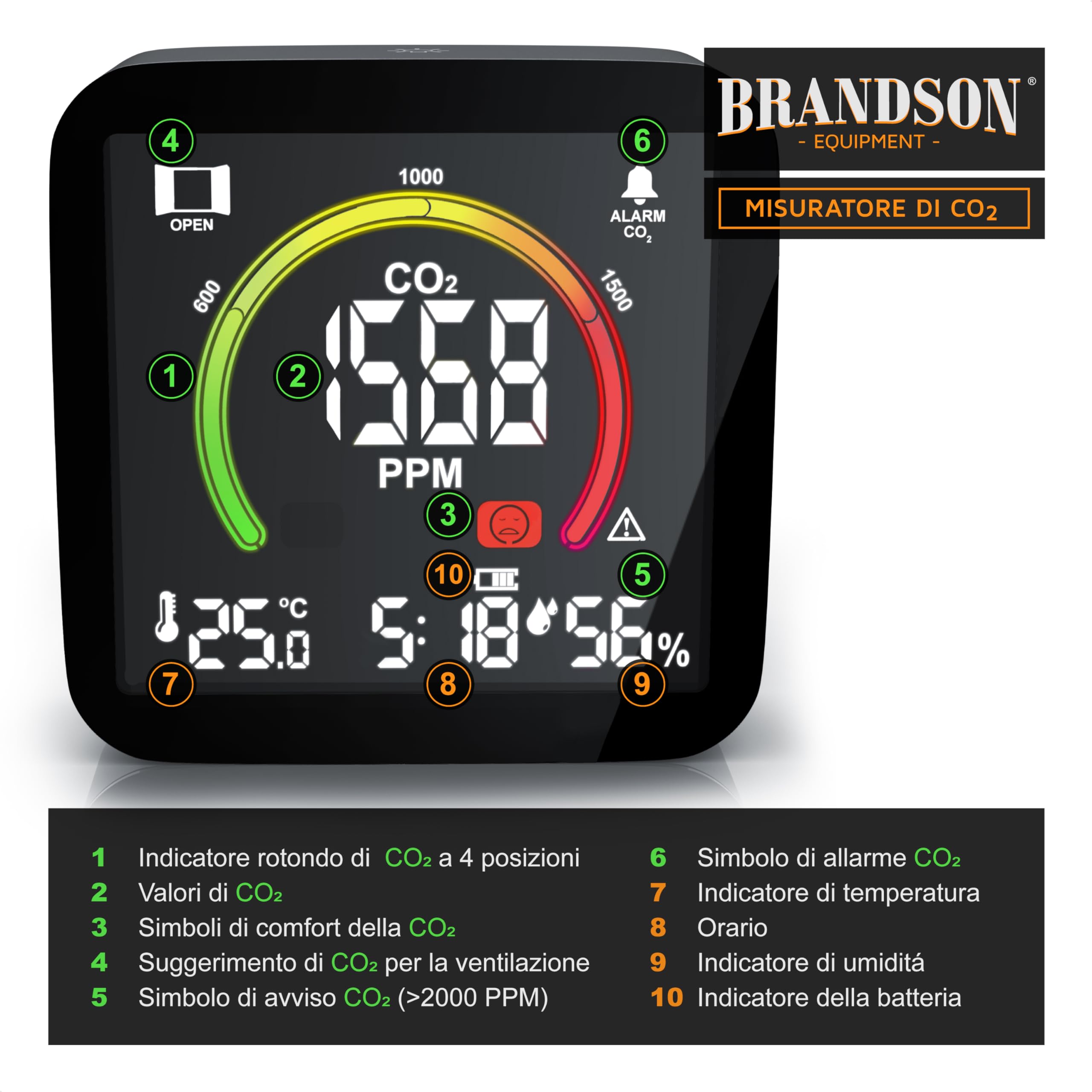 Brandson - Misuratore di CO2 misurazione dell'anidride carbonica PPM - Allarme - Sveglia con Funzione Snooze - Temperatura, Ora, umidità - Batteria Ricaricabile Integrata - Nero