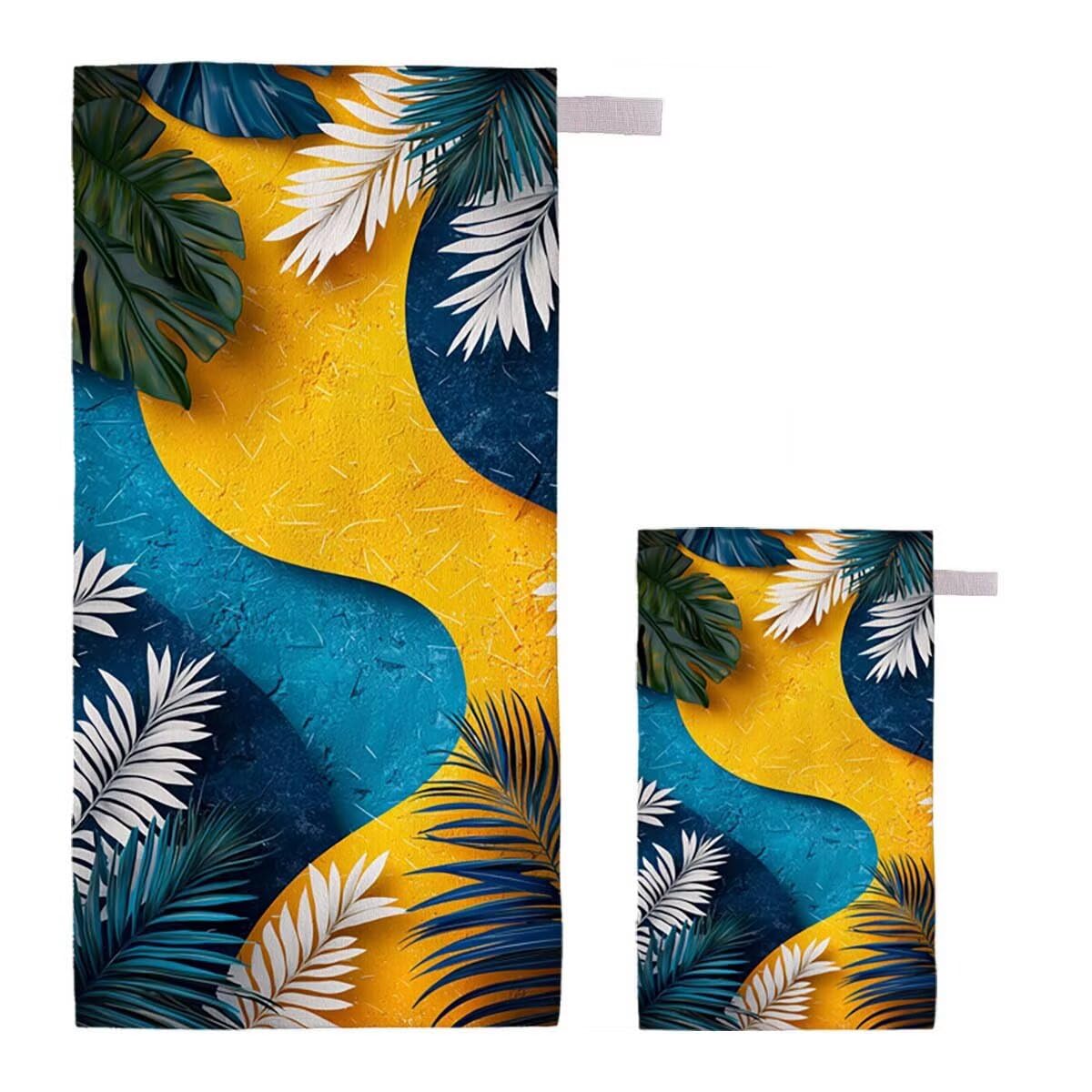 Telo Mare XXL 220x100cm/35x70cm, 2 Set Telo Mare Microfibra Foglie Asciugamano Palestra Uomo, Antisabbia, Leggero, Asciugatura Rapida, Teli da Spiaggia Grandi Accessori per Camping Natation Yoga F-24