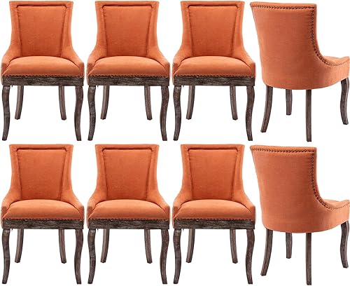 Miniatura 15 de Sillas de Comedor - Juego de 4 sillas de comedor modernas, tapizadas de tela con respaldo alto con ribete de cabeza de clavo y patas curvadas de 01