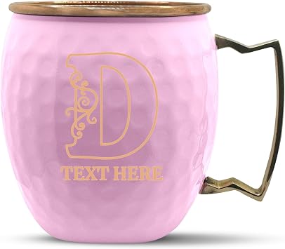Custom Copper Moscow Mule with Hammered Painted Finish - Engraved Bar Style 100% Copper Cup with Personalized Hollow Vines Floral Letter Monogram Themed Engraving, Brass Handle | 18 oz, Pink