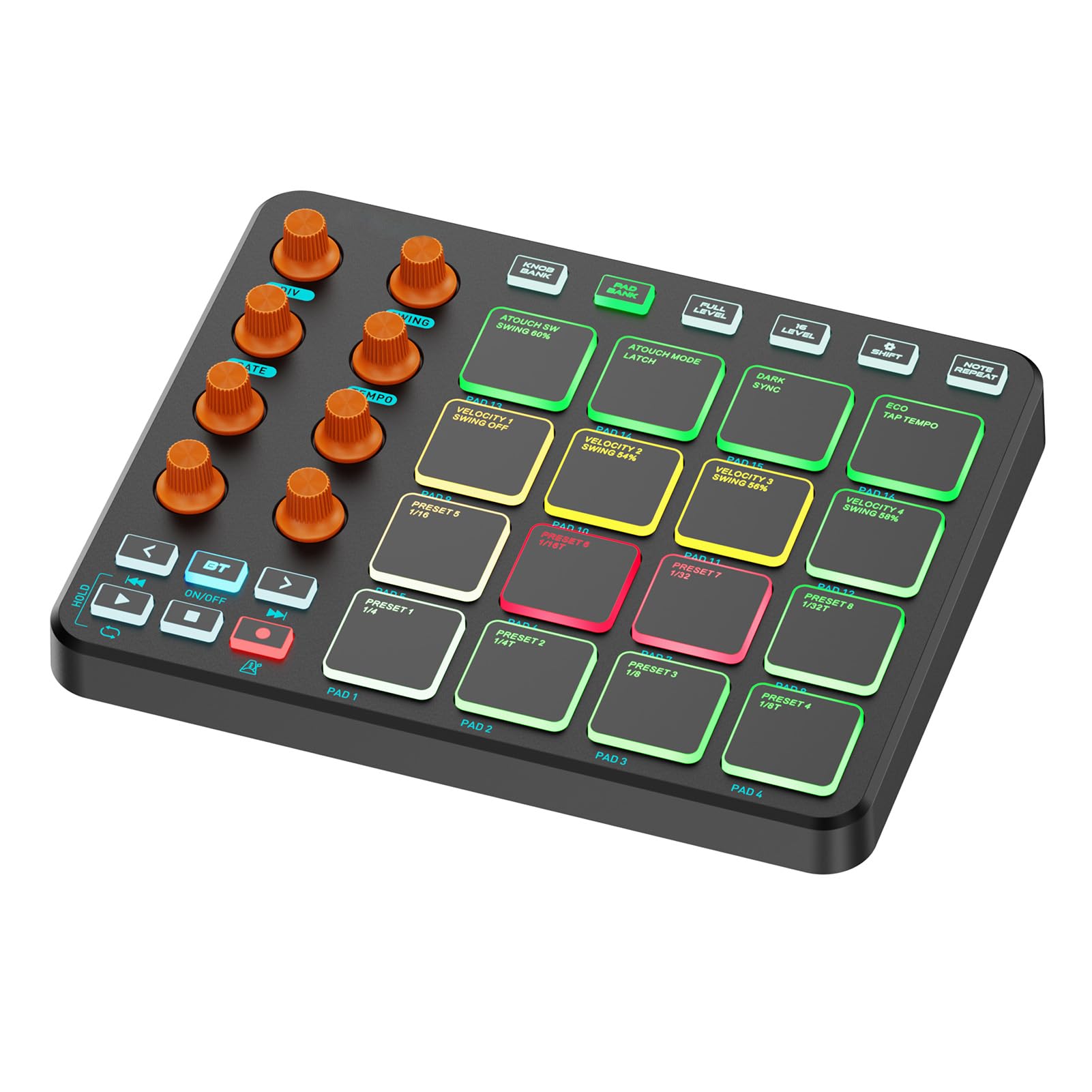 Controlador MIDI, 16 Pads RGB 8 Perillas 6 Botones Personalizables Batería Inalámbrica Recargable de 2000mAh, con Conexión USB MIDI para Profesionales Principiantes en (Negra)