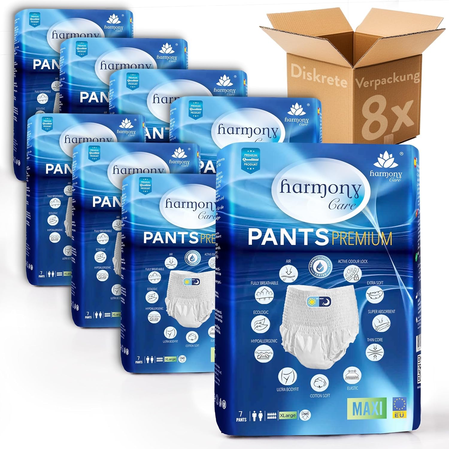 Harmony Care ® MAXI - Pañales absorbentes para adultos – Pantalones discretos para incontinencia para mujeres y hombres – Pañal para adultos, talla XL, 56 unidades