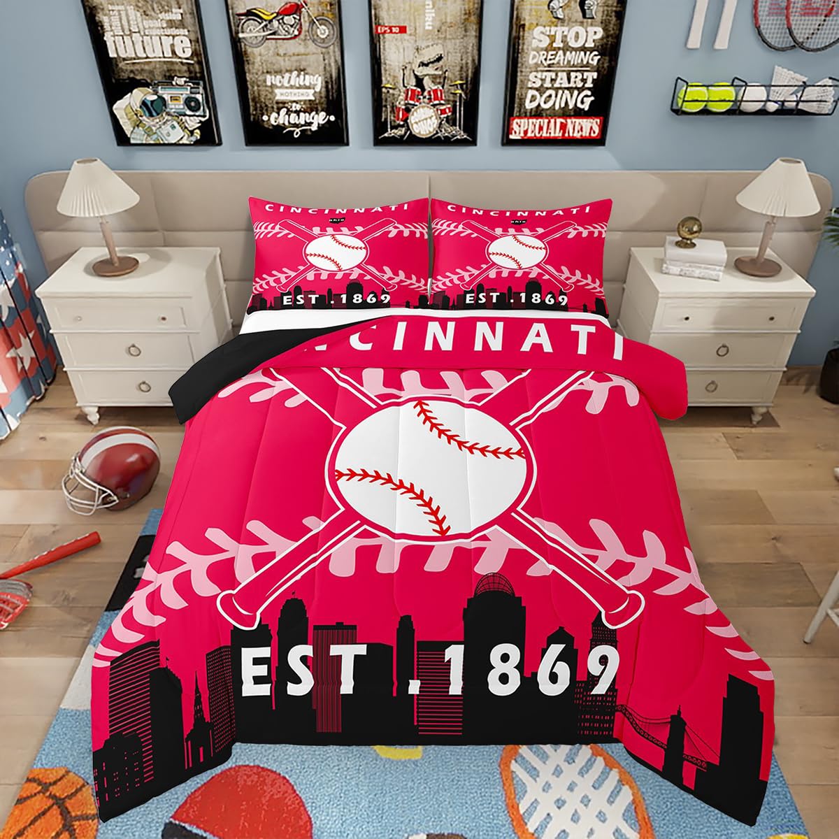 Erosebridal Boys Baseball Bedding Set Full for Teens Youth,Baseball Team Comforter for Gift,Sports Quilt,Baseball City Comforter Sets with 2