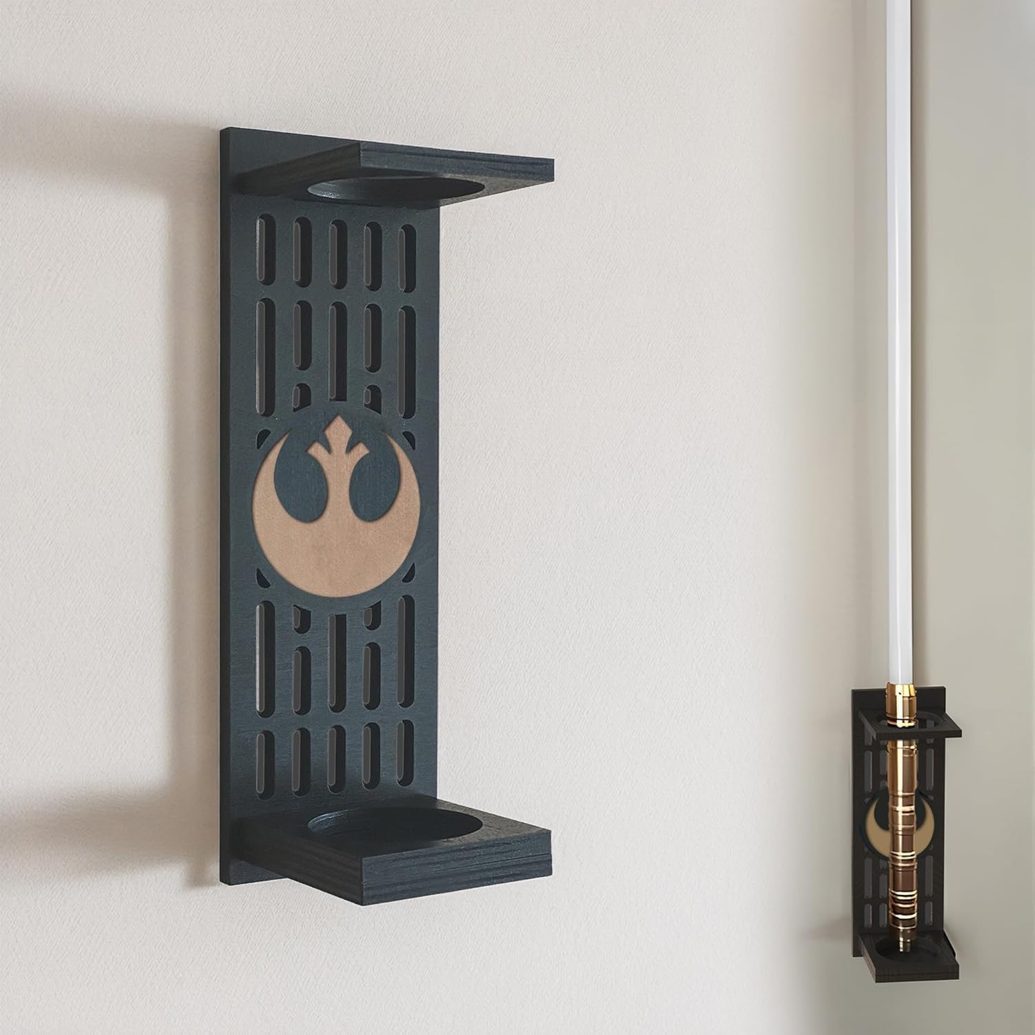 Poceton Wooden Lightsaber Wall Mount With Pattern - Vertical Stand for Display - Gift for Collectors (03)