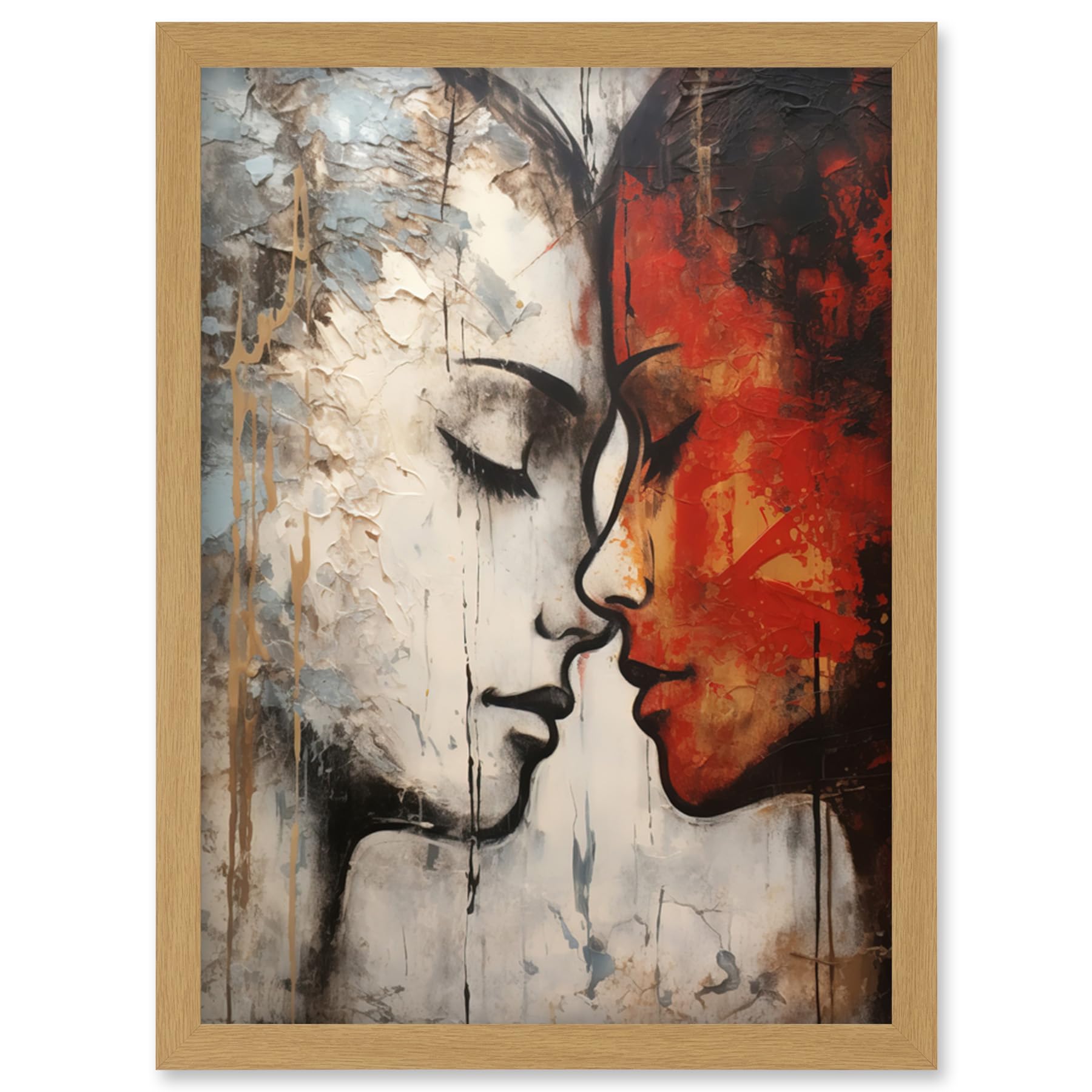 Artery8 Affection Thick Paint Oil Painting Red Bold Blue Gay Lovers Emotional Connection Women Love Lesbian Artwork Framed Wall Art Print A4