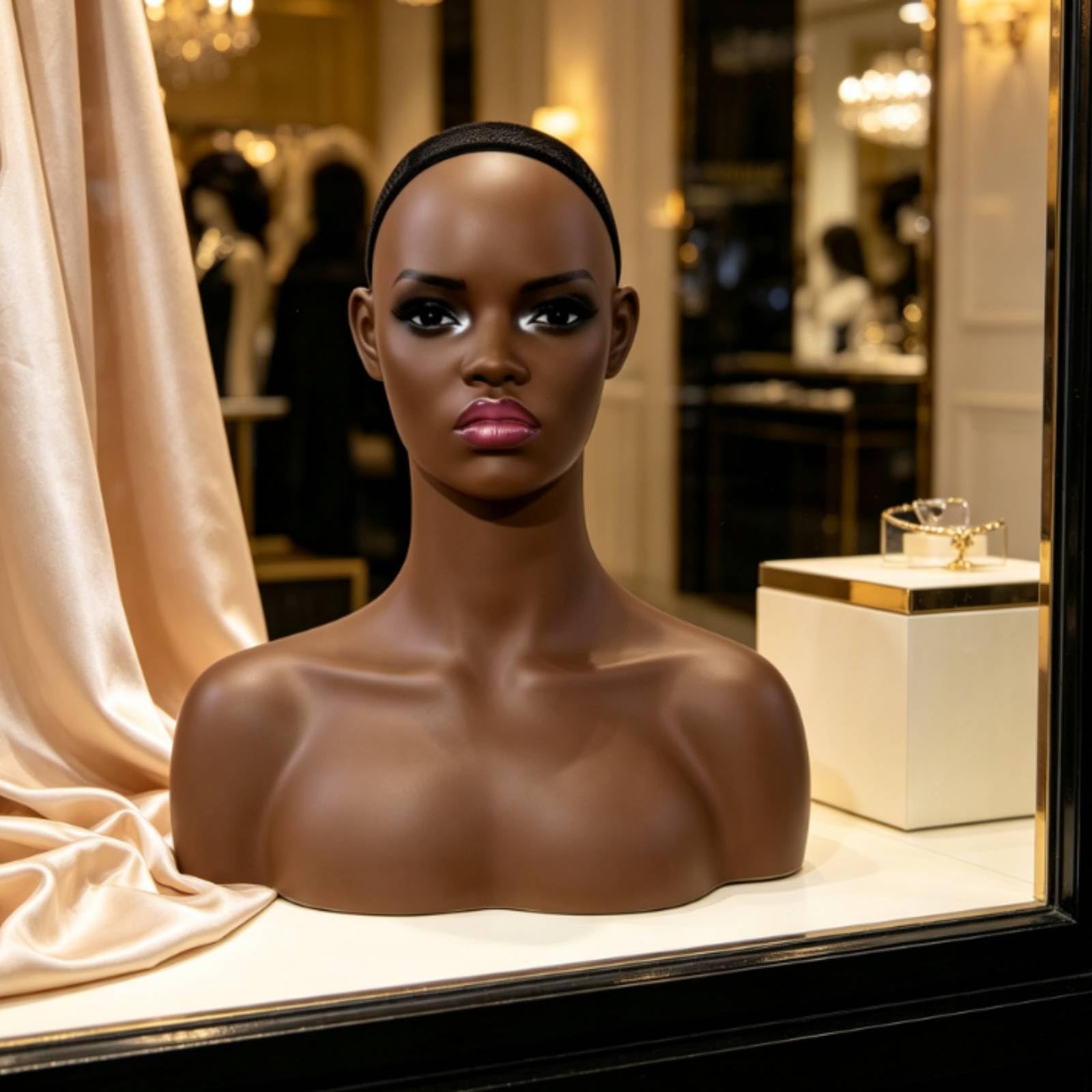 F Fityle Cabeza de Maniquí + Busto + Soporte + Expositor Figura Femenina Realista con Ojos y Pestañas Pintados Malla Negra en para Fijación Construcción