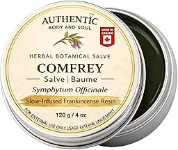 Comfrey Salve, Comfrey Leaf & Root Oil Balm, Melissa, Jojoba, Castor Oil & Infused Frankincense Resin | Alberta Organic Unrefined Beeswax, Herbal Botanicals | 4 oz, by Authentic Body And Soul