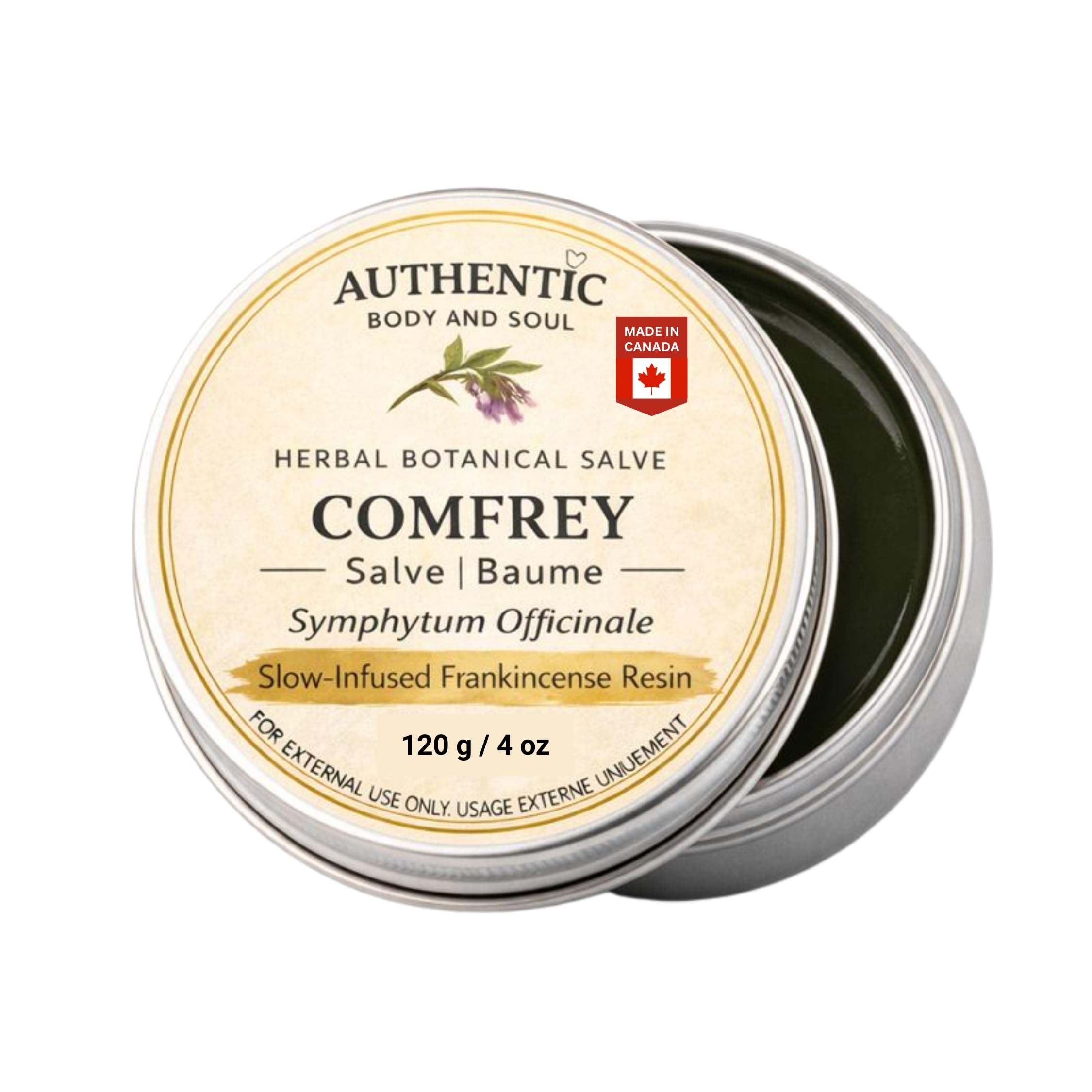 Comfrey Salve, Comfrey Leaf & Root Oil Balm, Melissa, Jojoba, Castor Oil & Infused Frankincense Resin | Alberta Organic Unrefined Beeswax, Herbal Botanicals | 4 oz, by Authentic Body And Soul - 1