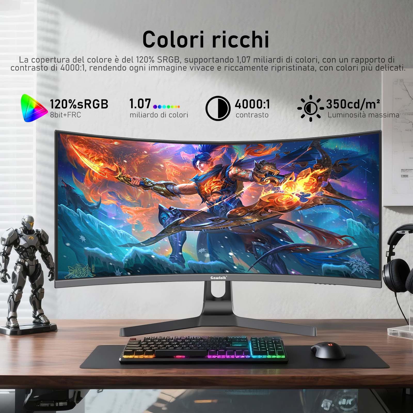 Gawfolk Monitor Ultrawide Da 34 Pollici 1500R Curvo 200Hz Monitor Per Computer Da Gioco, 21:9 UWQHD (3440x1440),128% sRGB,Adaptive Sync,Altoparlante integrato,HDMI、Display Port,VESA75×75MM - Nero