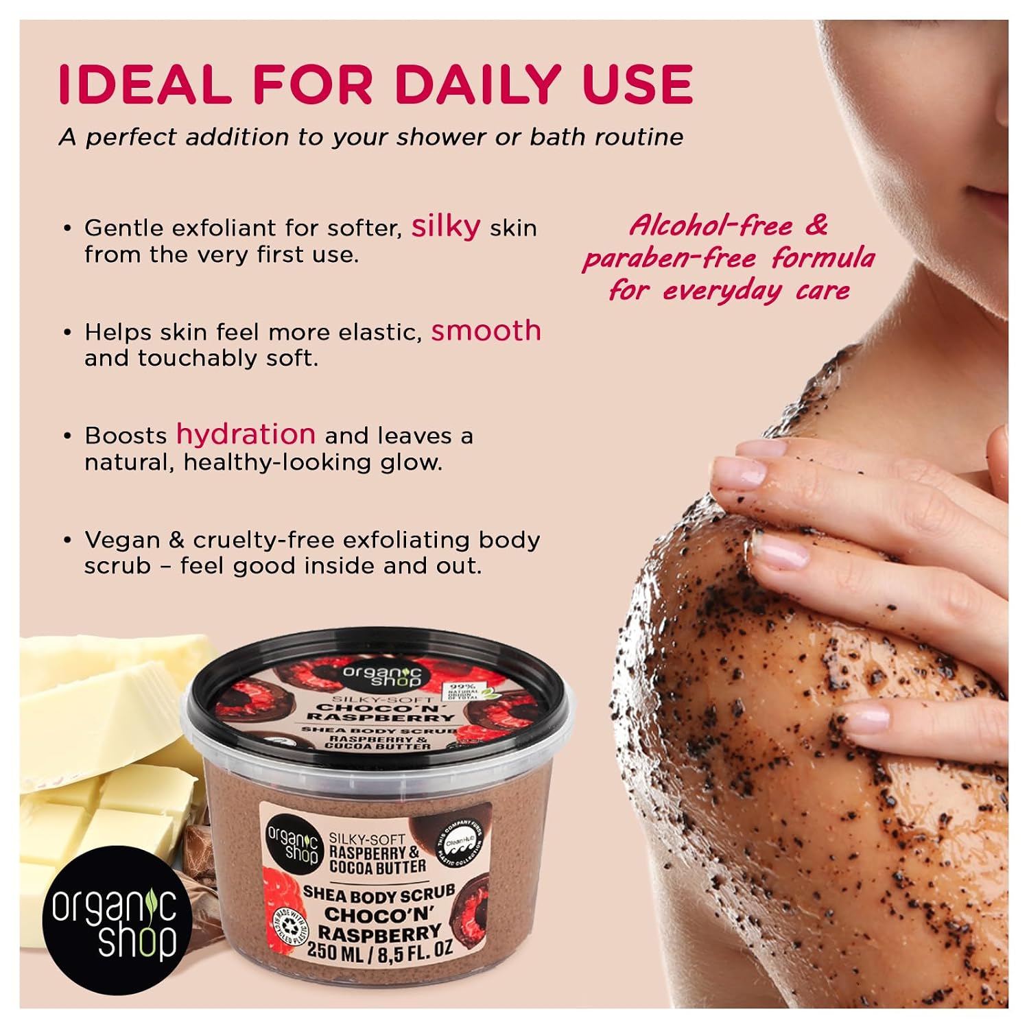 Organic Shop Shea & Cocoa Butter Raspberry Body Scrub – 99% Natural Origin Exfoliating Body Scrub for Smooth Soft Skin, COSMOS Natural, Organic, Vegan, Clean Beauty, Made in Europe, 8.8 fl oz