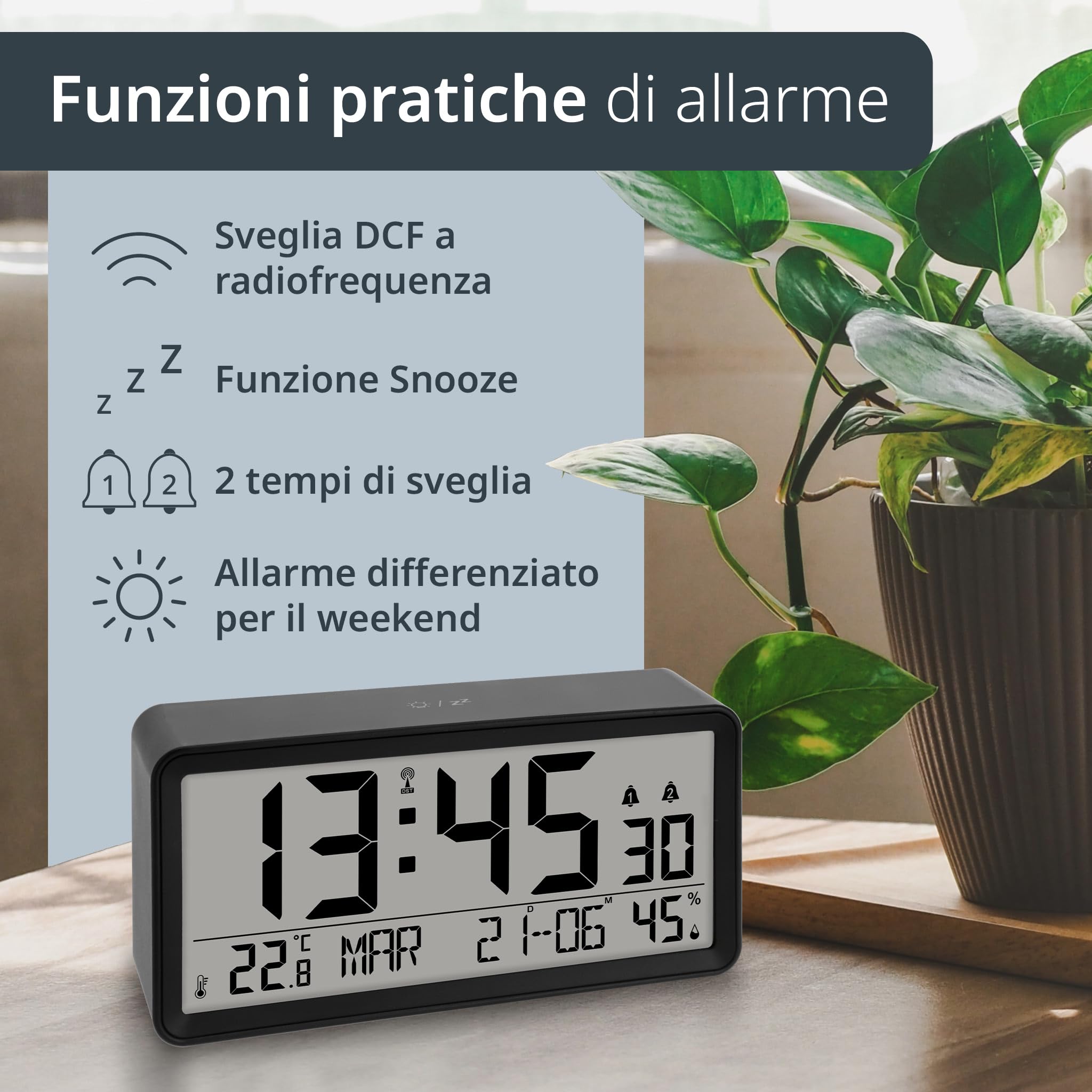 Sveglia Digitale Radiocontrollata ADE - XXL Con Temperatura, Umidità E 2 Sveglie, Bianco - Foto 3