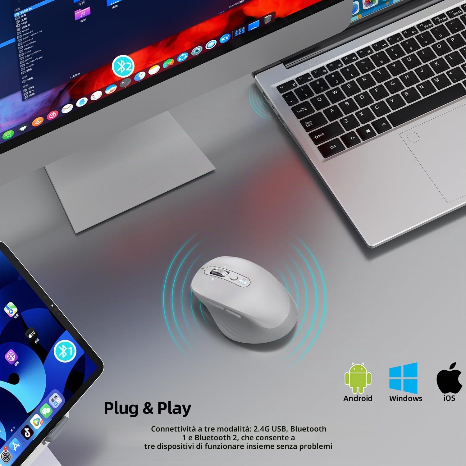 INFINMIND Mouse wireless, Multi-Dispositivo Bluetooth, ricevitore USB 2.4G e doppio Bluetooth, rotella di scorrimento 4 direzioni silenzioso per computer, laptop, PC, MacBook, iPad (Bianco)