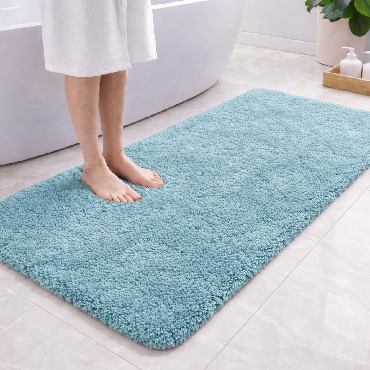 PUFFMAT Microfibre Bath Mat 120 x 60 cm Serene Blue, Absorbent Bathroom Rug with Soft Plush Pile and TPR Backing, Machine Washable Bathroom Mat for Shower, Bathtub, Toilet and Guest Bathroom