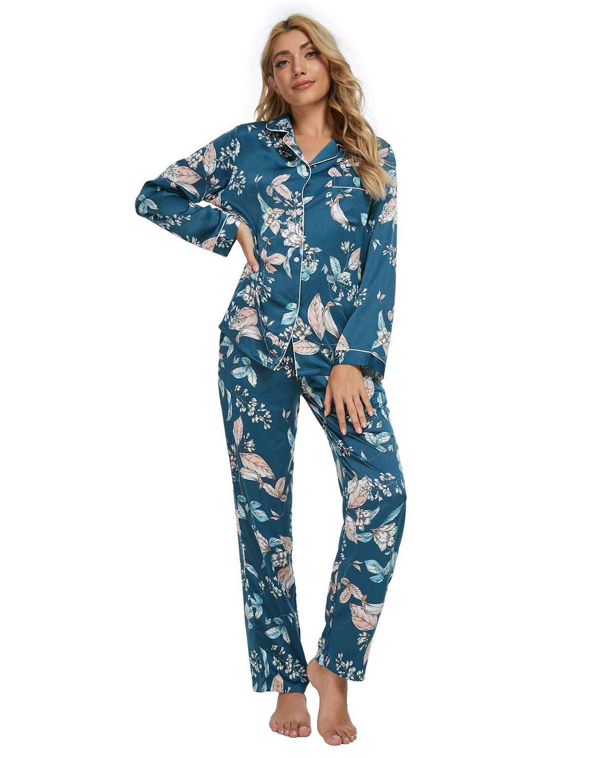 GOSO Pijama para Mujer - Pijama de Manga Larga con Botones para Mujer - Conjunto de Pijama de Manga Larga Floral para Mujer