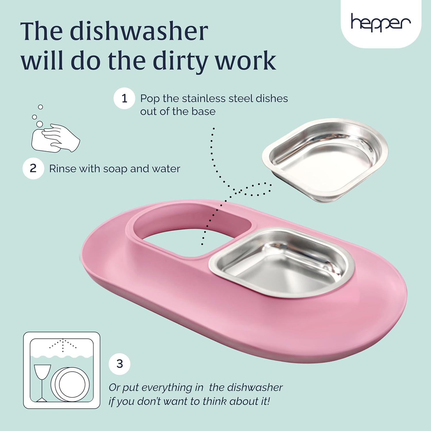 Hepper NomNom - Spill Proof Elevated Cat Bowls for Food and Water - Whisker Relief Bowl + Raised Cat Food Bowls: a Safe Dish for Messy Cats - Stainless Steel Bowl Station (Pink)