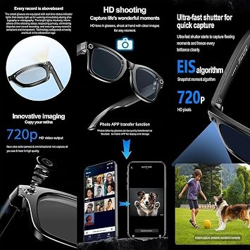 Smartglasses Music Smart Ai Eye Sun Glasses with Ai Assistant Camera and Microphone Speaker Audio Video Recording Function,B