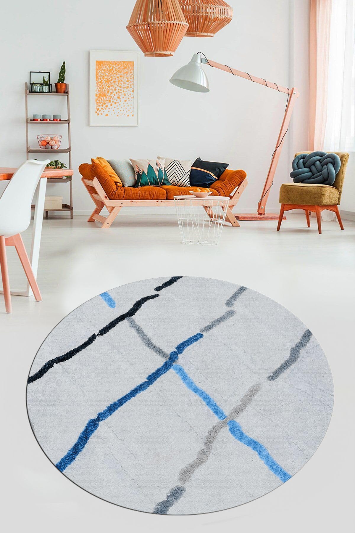 Evdeya Şık Sade Modern Desenli Dijital Kaymaz Taban Yıkanabilir Yuvarlak Mutfak Salon Halısı Y-MODERN-73, Mavi, 100 x 100