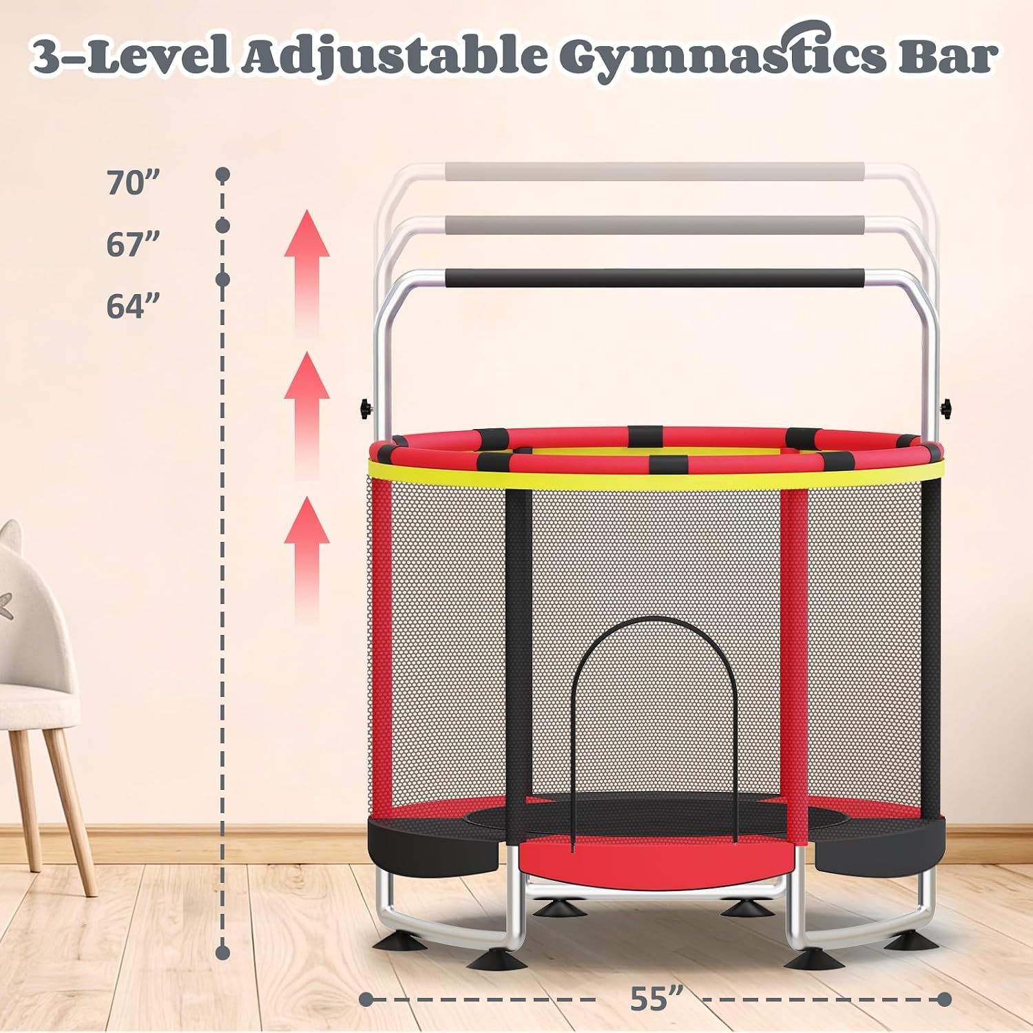 55 Zoll Trampolin für Kinder, 5-in-1 Kleinkind Trampolin Innen & Außen mit Verstellbarer Gymnastikstange und Spielzeug, Geschenk für Jungen und Mädchen 3–8 Jahre
