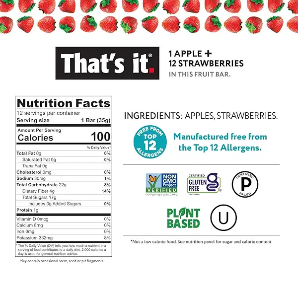 That's it. Apple + Strawberry 100% Natural Real Fruit Bar, Best High Fiber Vegan, Gluten Free Healthy Snack, Paleo for Children & Adults, Non GMO No Sugar Added, No Preservatives Energy Food (12 Pack) 2