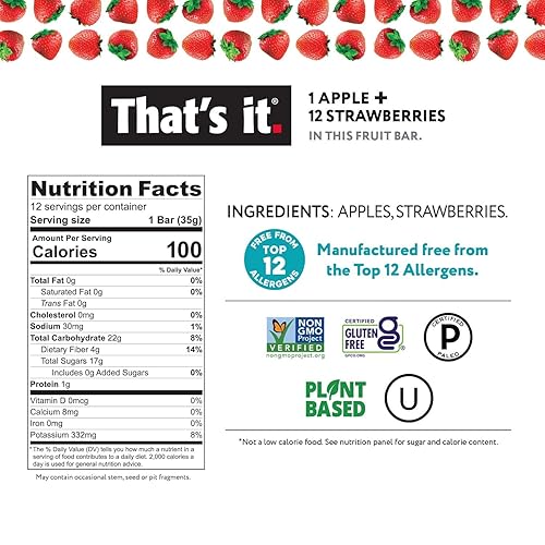 Miniatura 2 de That's it. Manzana + fresa 100% natural barra de fruta real, el mejor aperitivo vegano con alto contenido de fibra, sin gluten, paleo para niños y