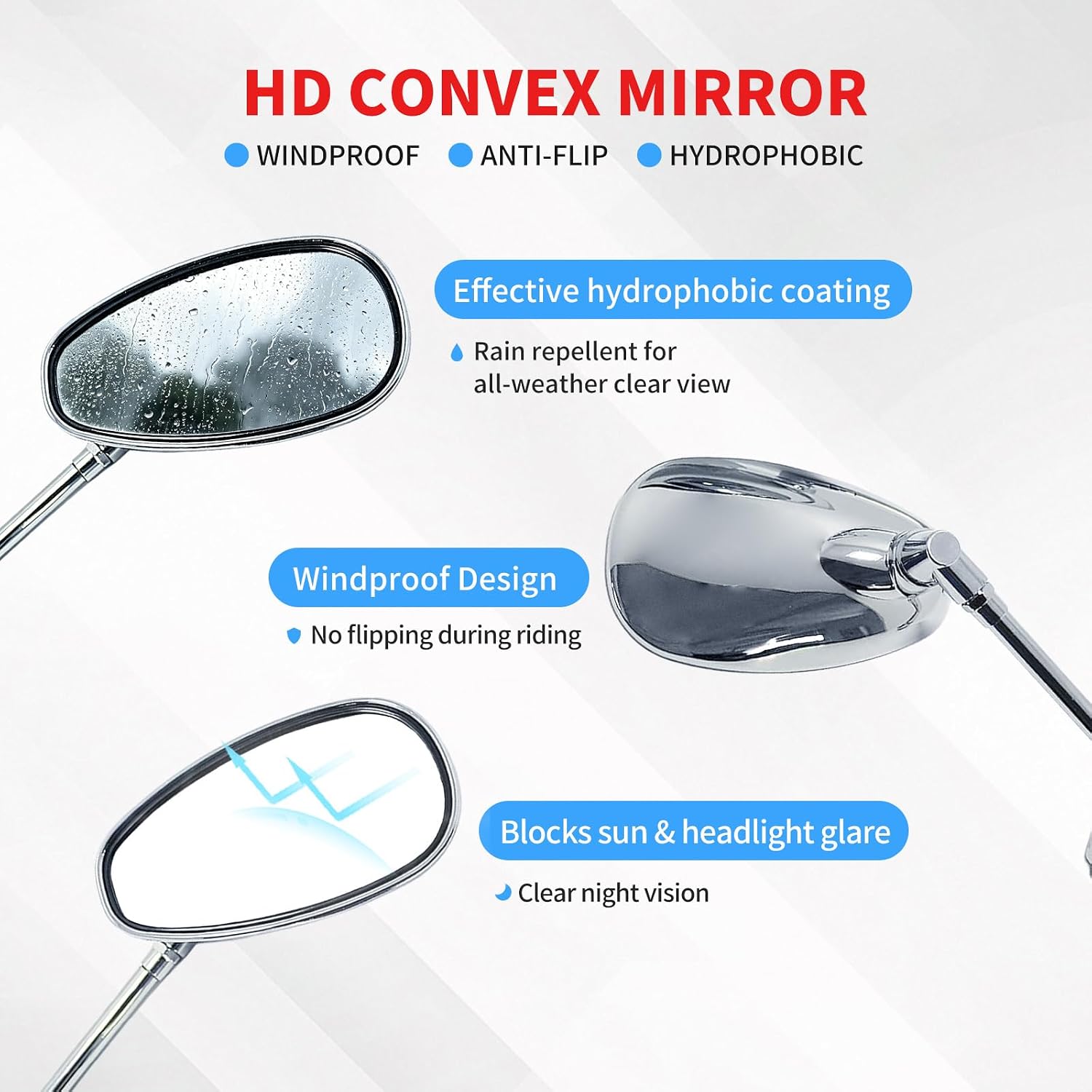 Motorcycle Mirrors Chrome, Universal 10mm Adjustable Rear View Mirrors