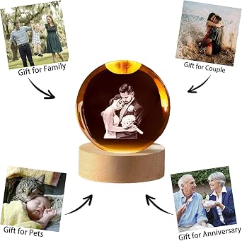 Personalised Crystal Ball with 2D Picture LED Night Light Dog Cat Pet Memorial Gift for Birthday Christmas Birthday Table Frame (8cm)